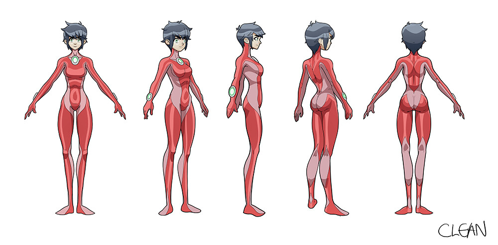 For this project, I started by creating a 2d rotational view of the character to get a good sense of the anatomy and placement whenever I needed to quickly redraw her in a different position. 