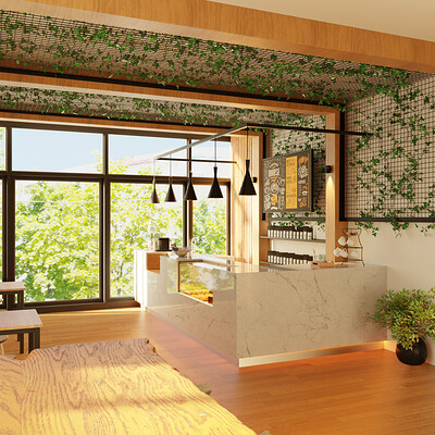 Nature-Inspired Contemporary Cafe Interior Design/Architectural Visualization