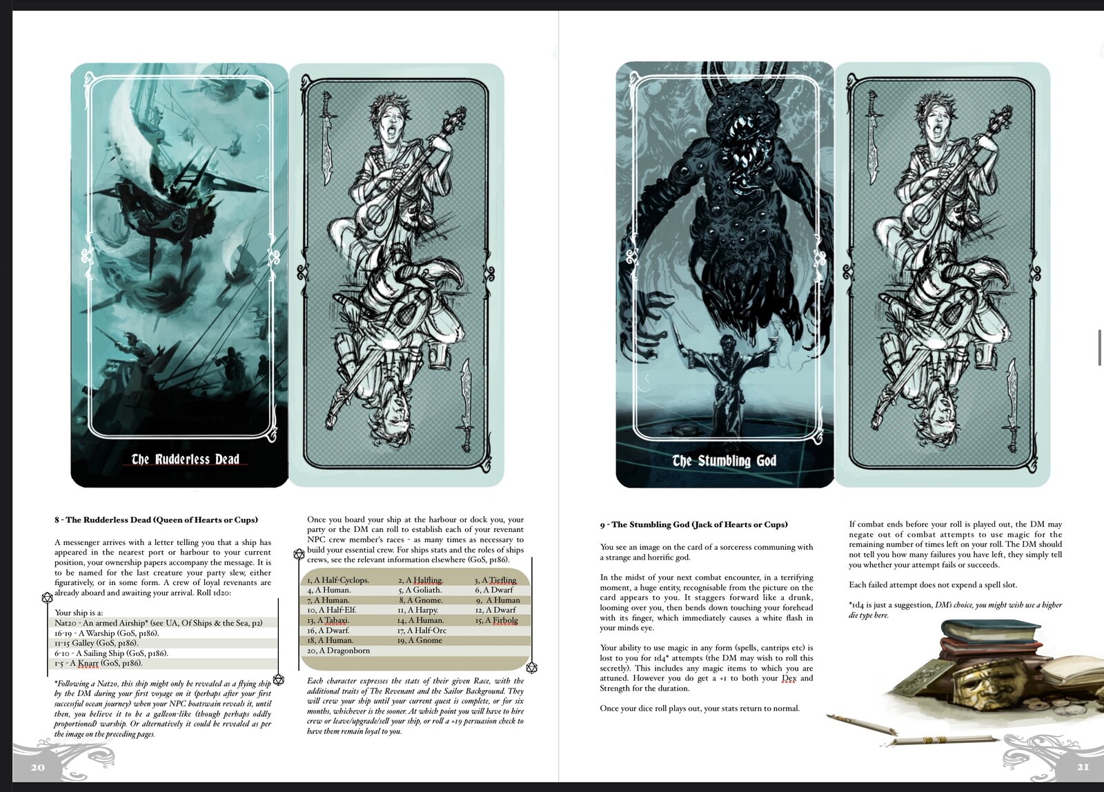More tables built into the branching card outcomes, here with a little room for an additional spot illustration over on the right.