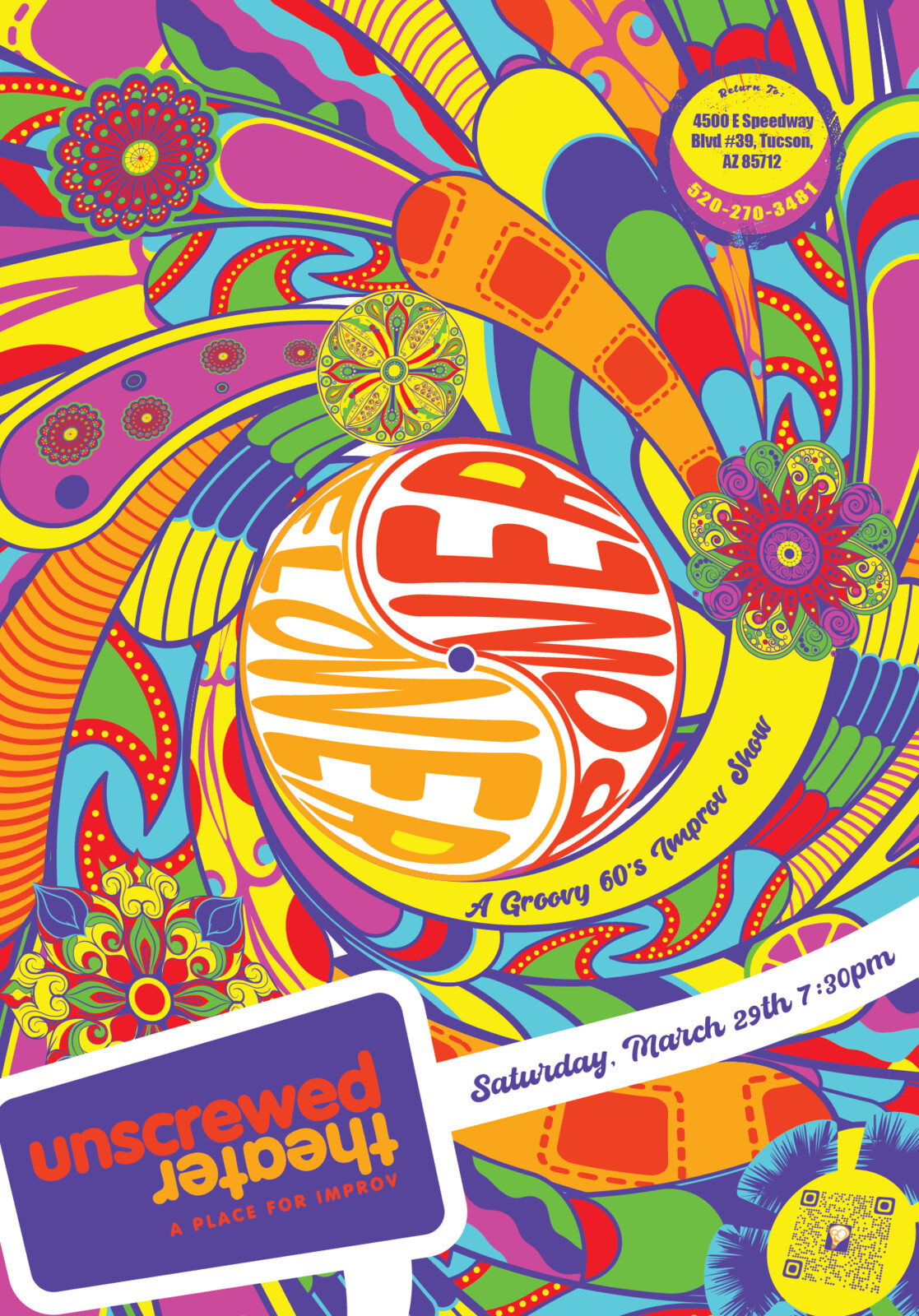8.5 x 11 Flower Power Themed Unscrewed Theater Poster. Created by yours truely.