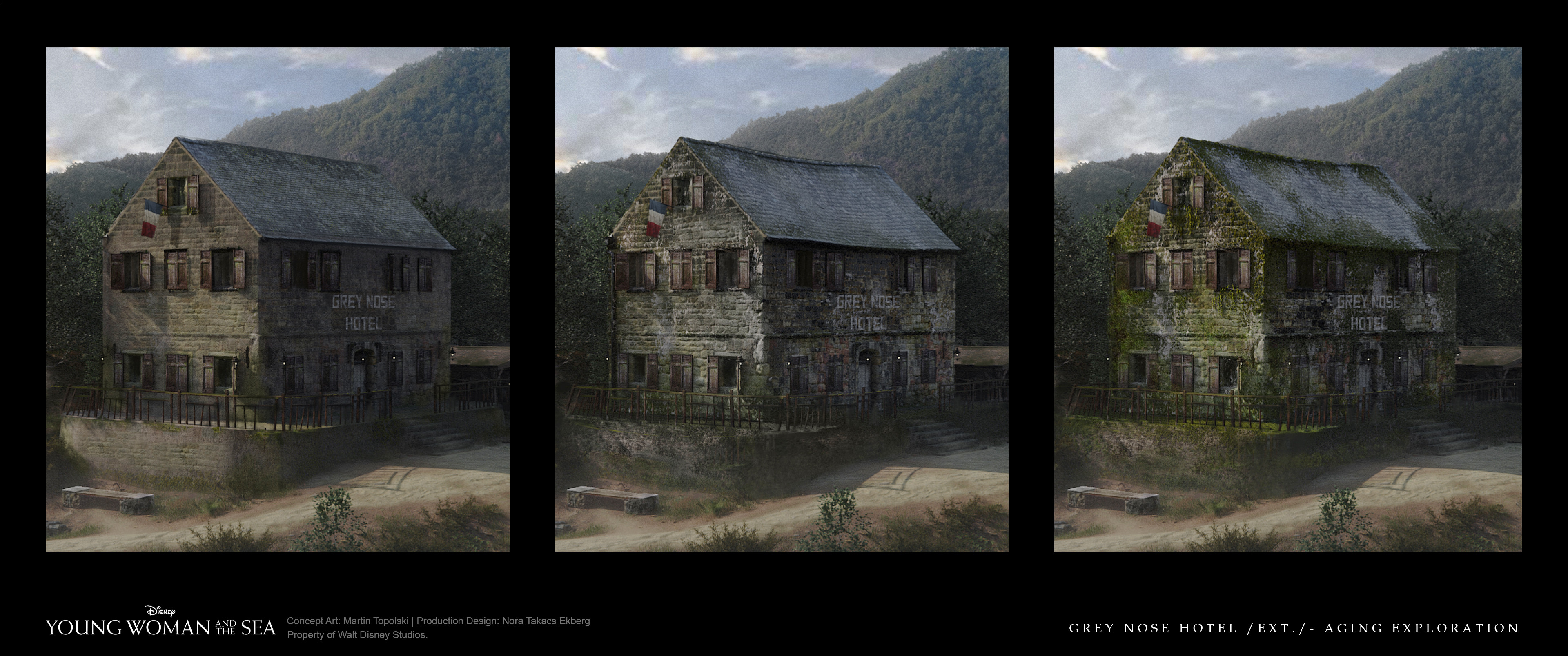 Grey Nose Hotel /EXT./ - Aging Exploration