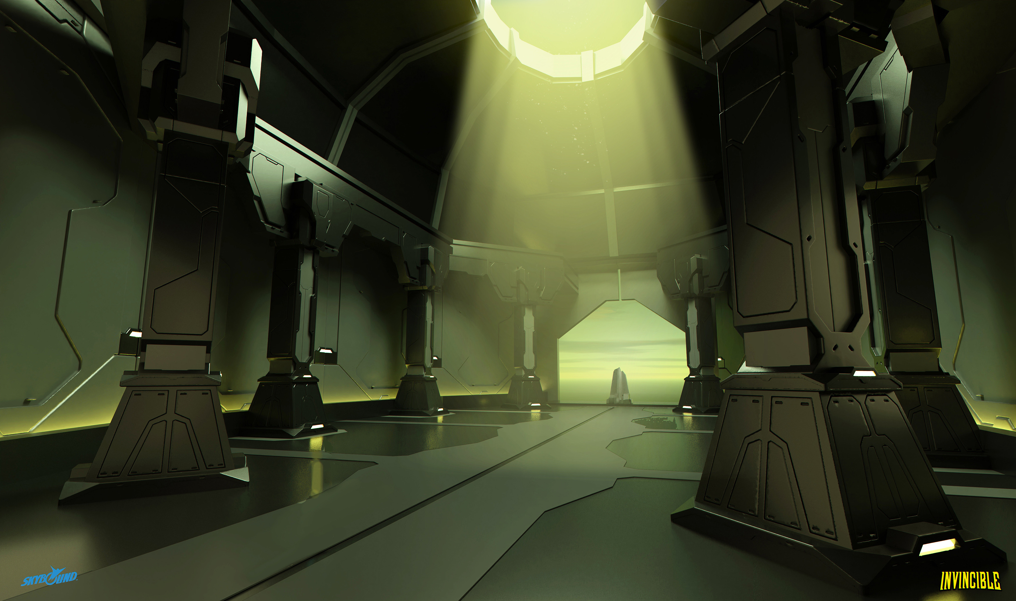 Alternate lighting version. These more metallic pillars were later redesigned at the request of the director to be more stonework - so they could more easily be shattered.