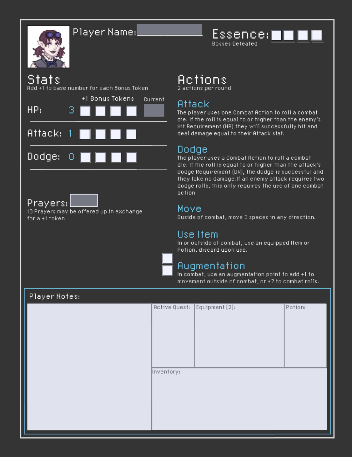 Example of a player sheet made in InDesign (player icon made by a team member).