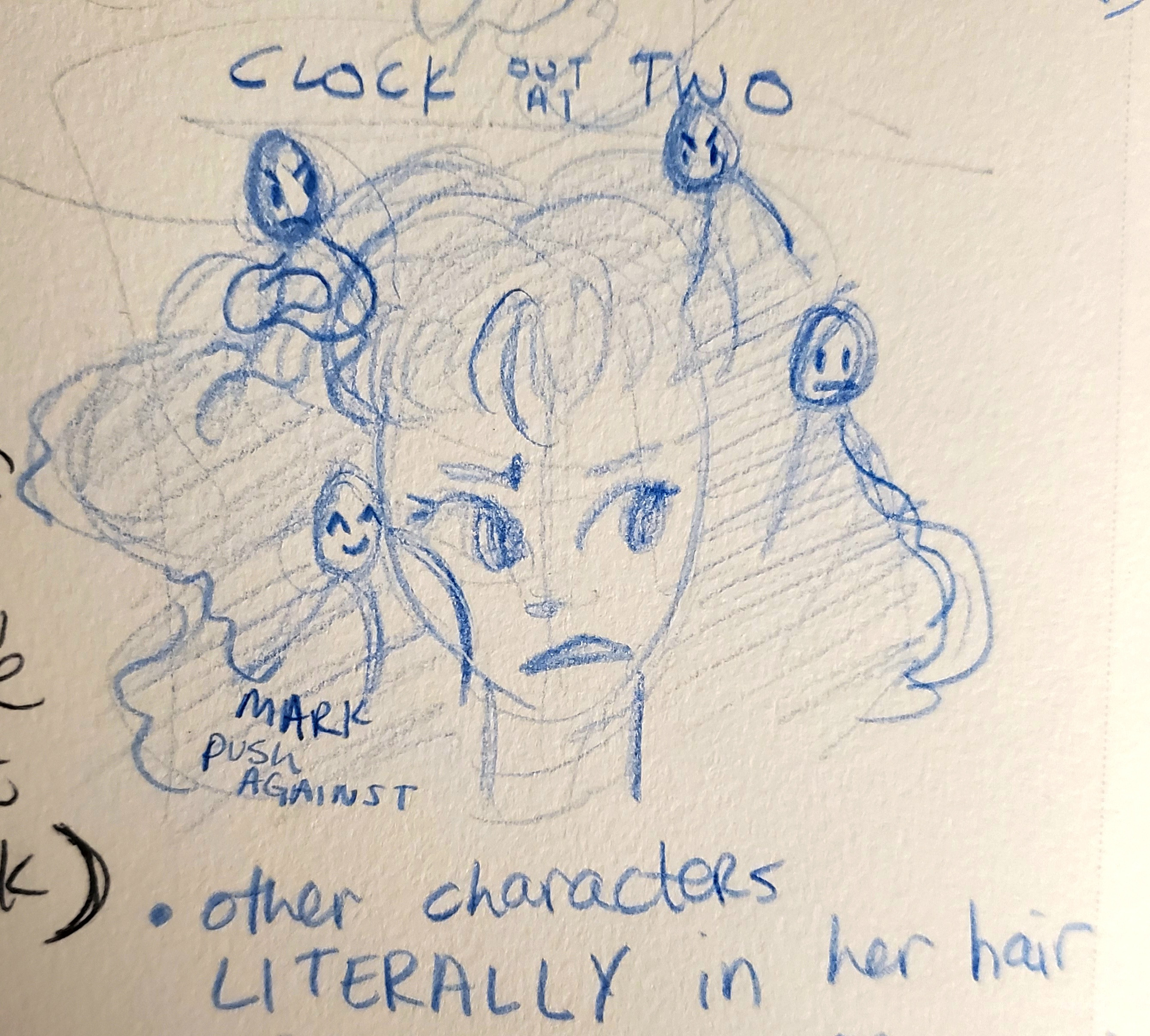 Sketch for the localization poster. I had the idea to place Celia's coworkers directly into her hair because people of color are often overly scrutinized for their hair.