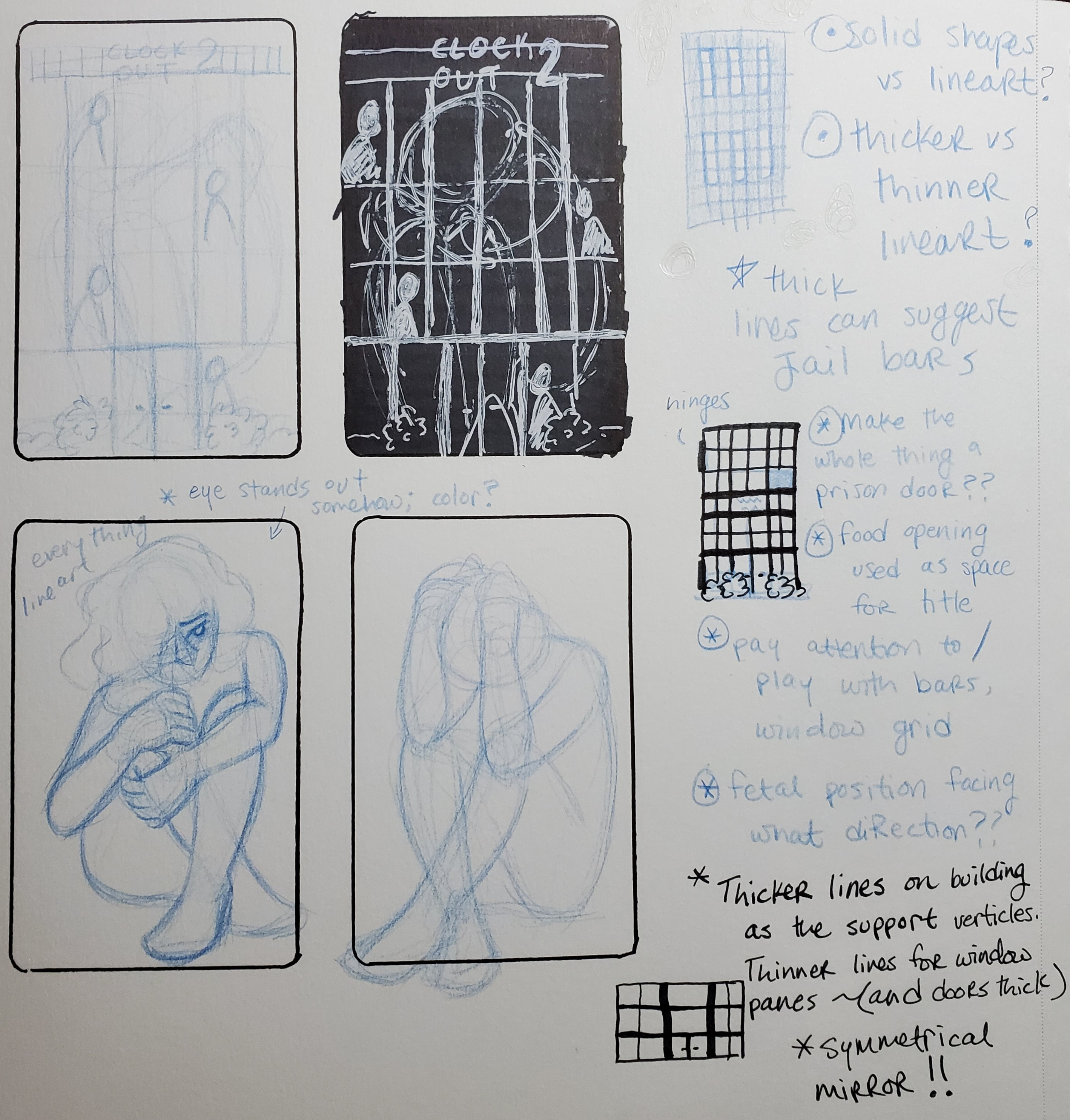 Sketches for key art poster. People may feel trapped in jobs in which they experience microaggressions.