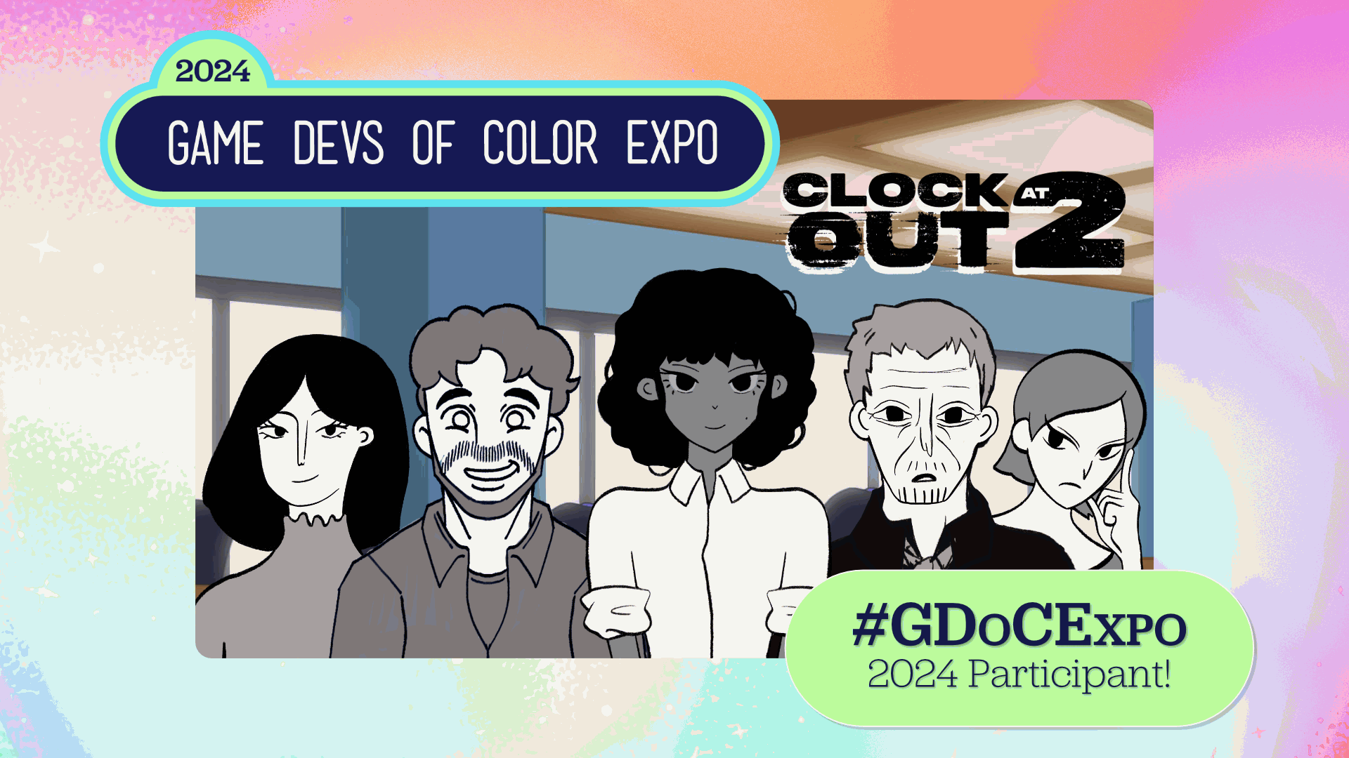 Characters designed &amp; drawn by Selena Rios. Animated by me. Frame by Game Devs of Color Expo. 

I wanted to do something unique to announce our participation in the Expo, so I animated it glitching to the darker, negative version to suggest horror.