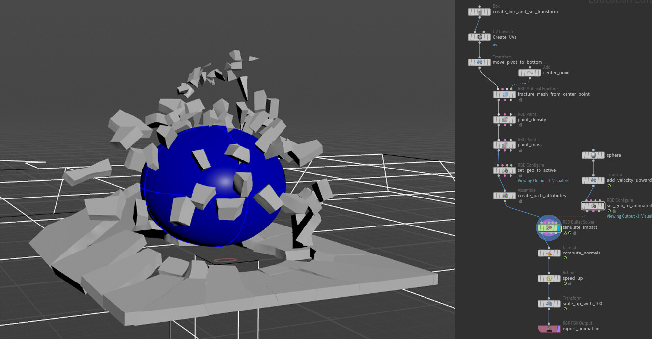 𝙈𝙖𝙞𝙣 𝙑𝙁𝙓
The exploding ground is a simulation from Houdini using a sphere shot through a fractured mesh.
I masked the fractured pieces in Maya using vertex colors.