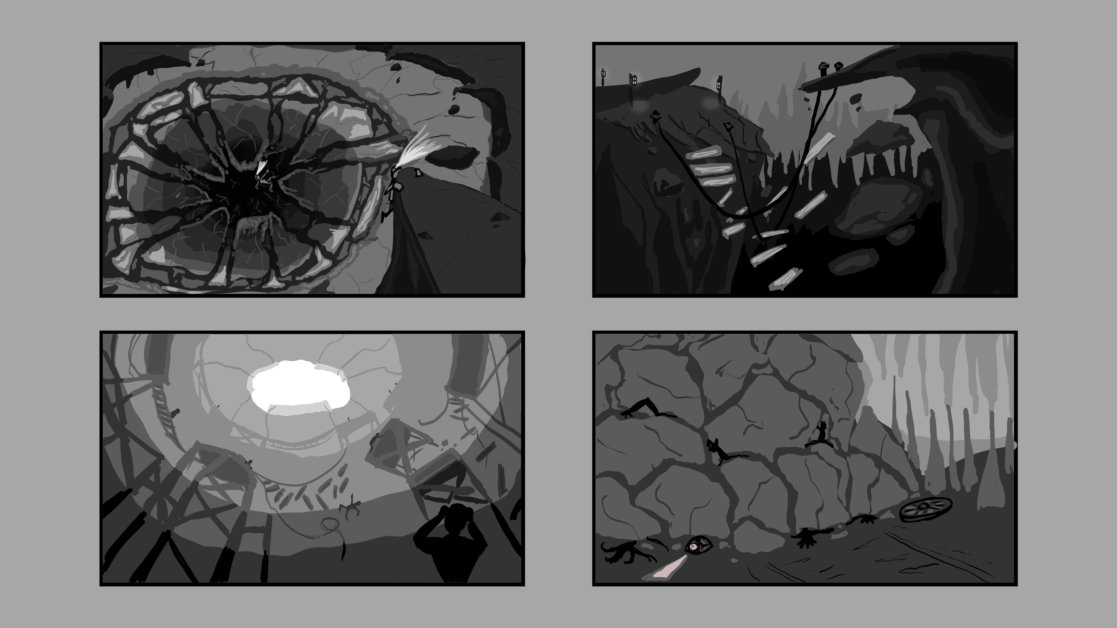 Living Area Sketches - 4 value paintings created to show how dangerous living in these mines can be.