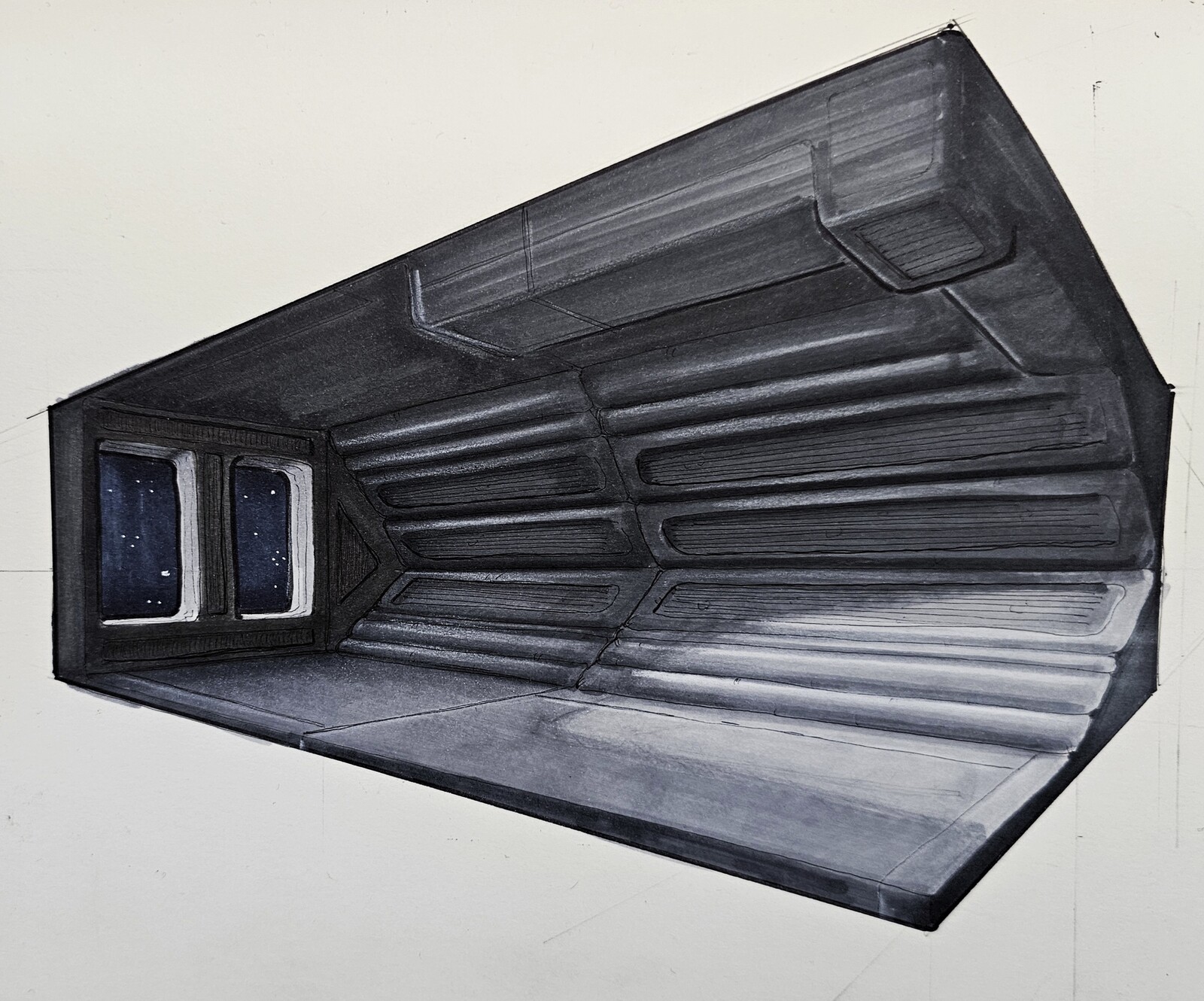 corridors at night, in space, from the future of the past. 