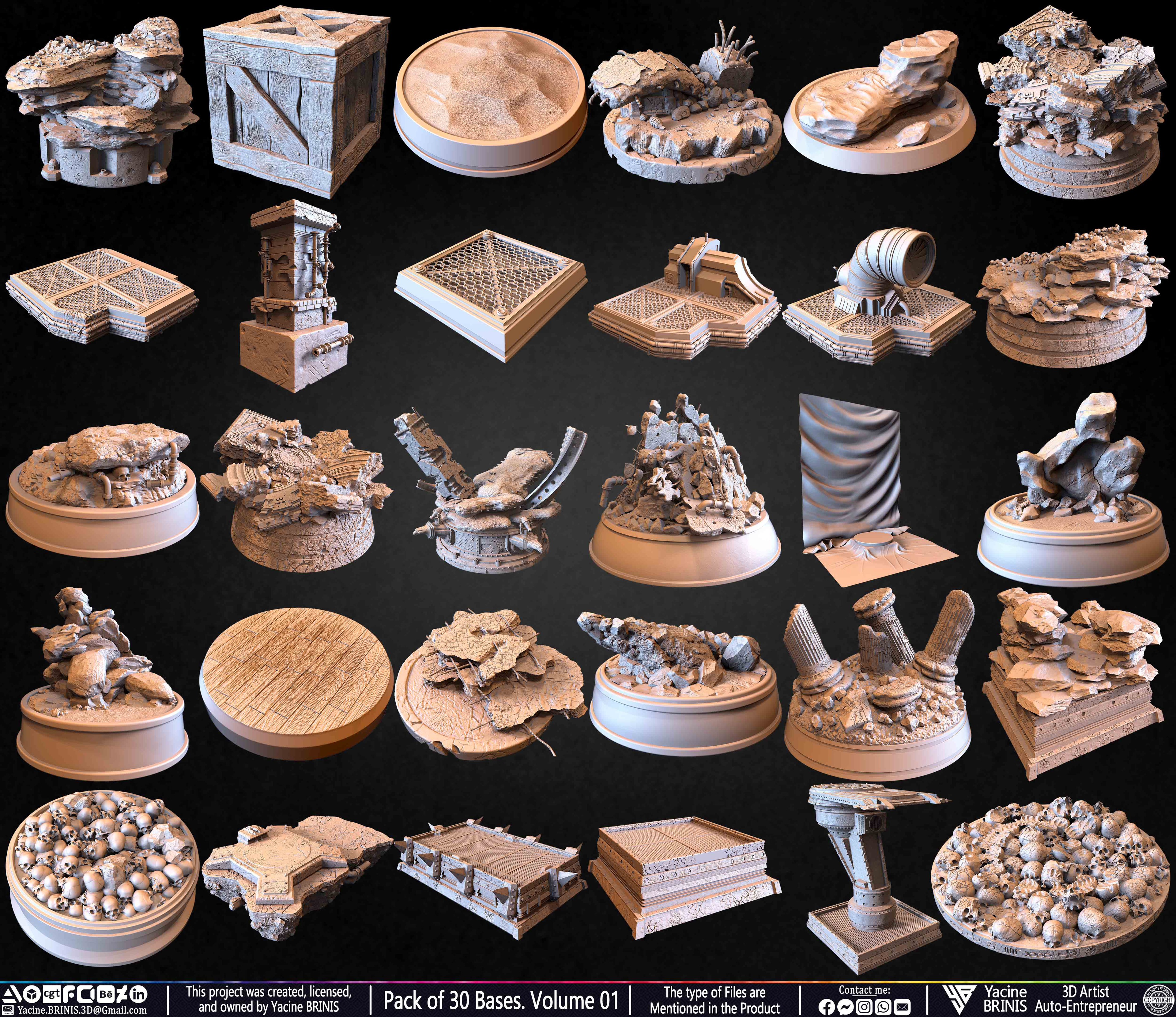 Pack of 30 Bases for Collectibles and 3D Printing Volume 01 Sculpted by Yacine BRINIS Set 001