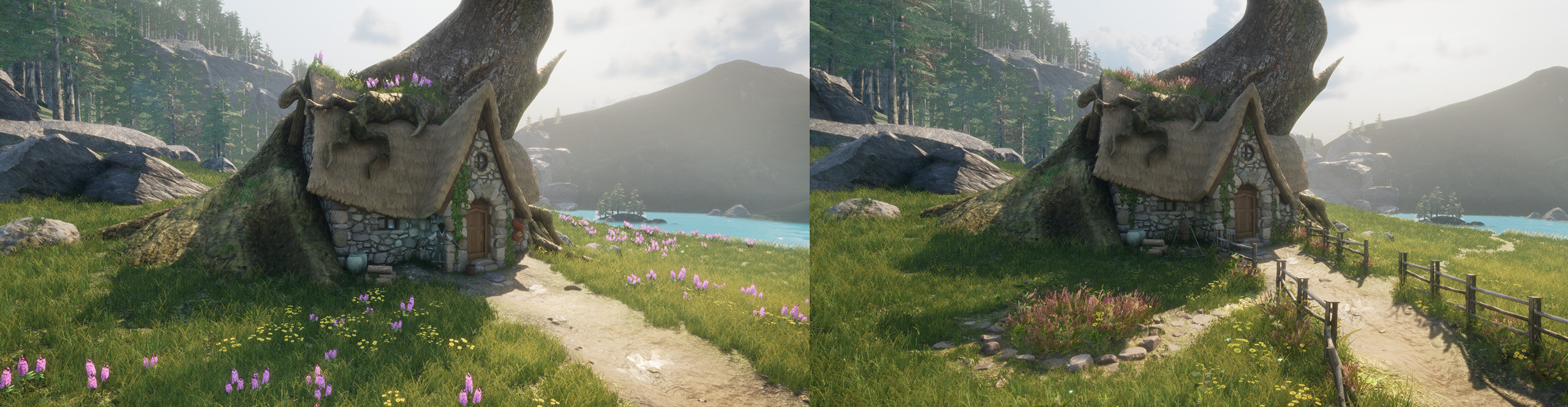 Lastly I did a pass on the set-dressing and world building to better ground the scene in reality. I added less randomly dispersed foliage and additional man-made structures to make the cottage feel more lived in.
