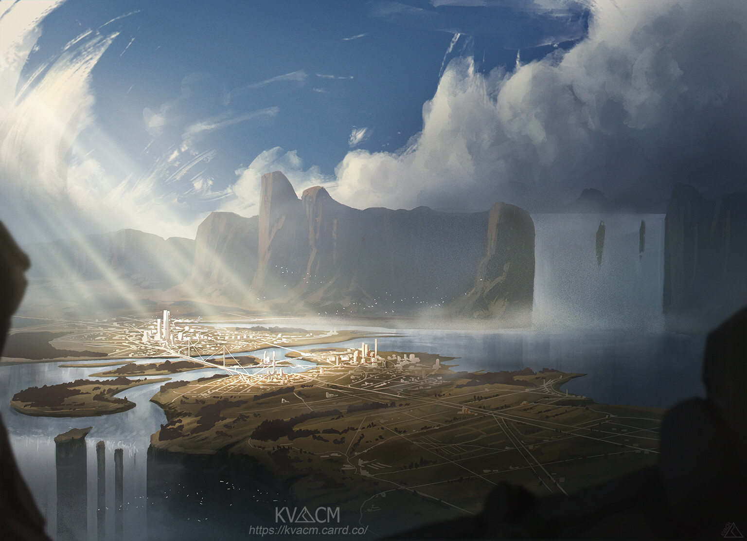 City Between Waterfall Cliffs