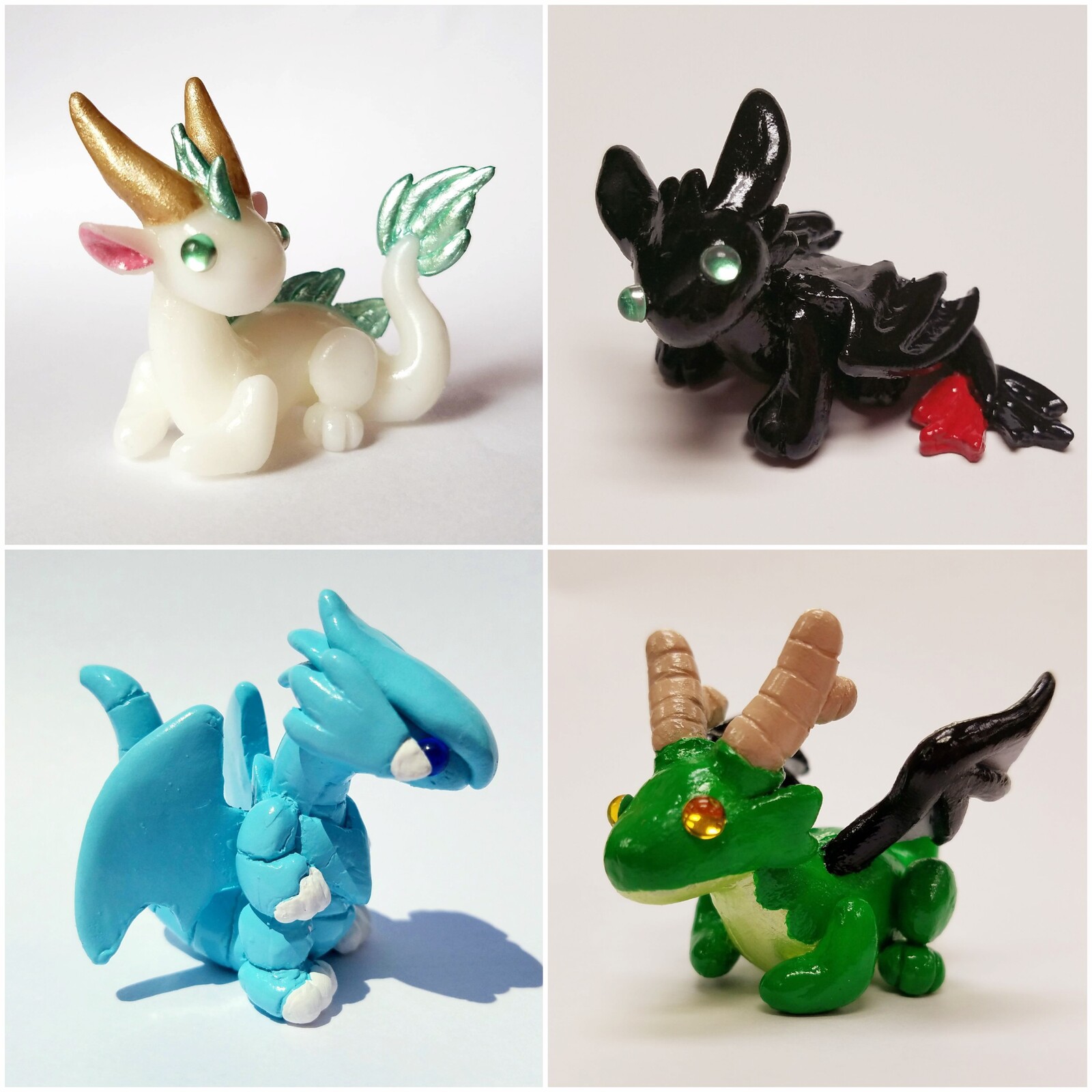 Fanart dwagon figures of Haku, Toothless, Blue Eyes White Dragon, and Tohru. Roughly 1.5-2 inch resin cast with hand painted details.