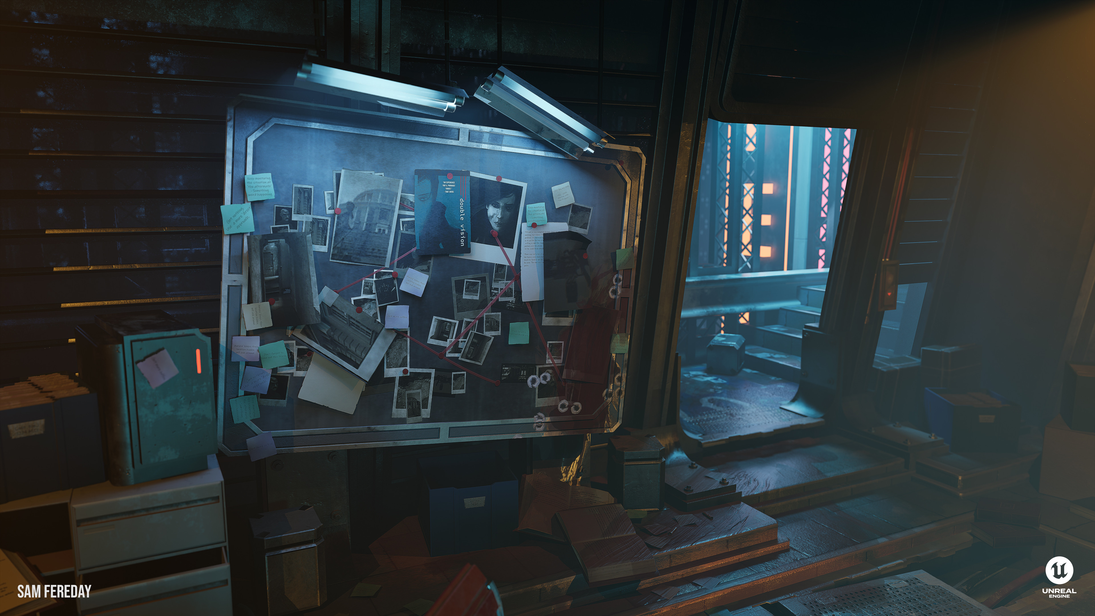 And finally a closer look at the board and doorway. The board was constructed with a combination of a base material for the polaroids and surface, whilst a few extra mesh pieces were added to give it more lift (such as the notes).