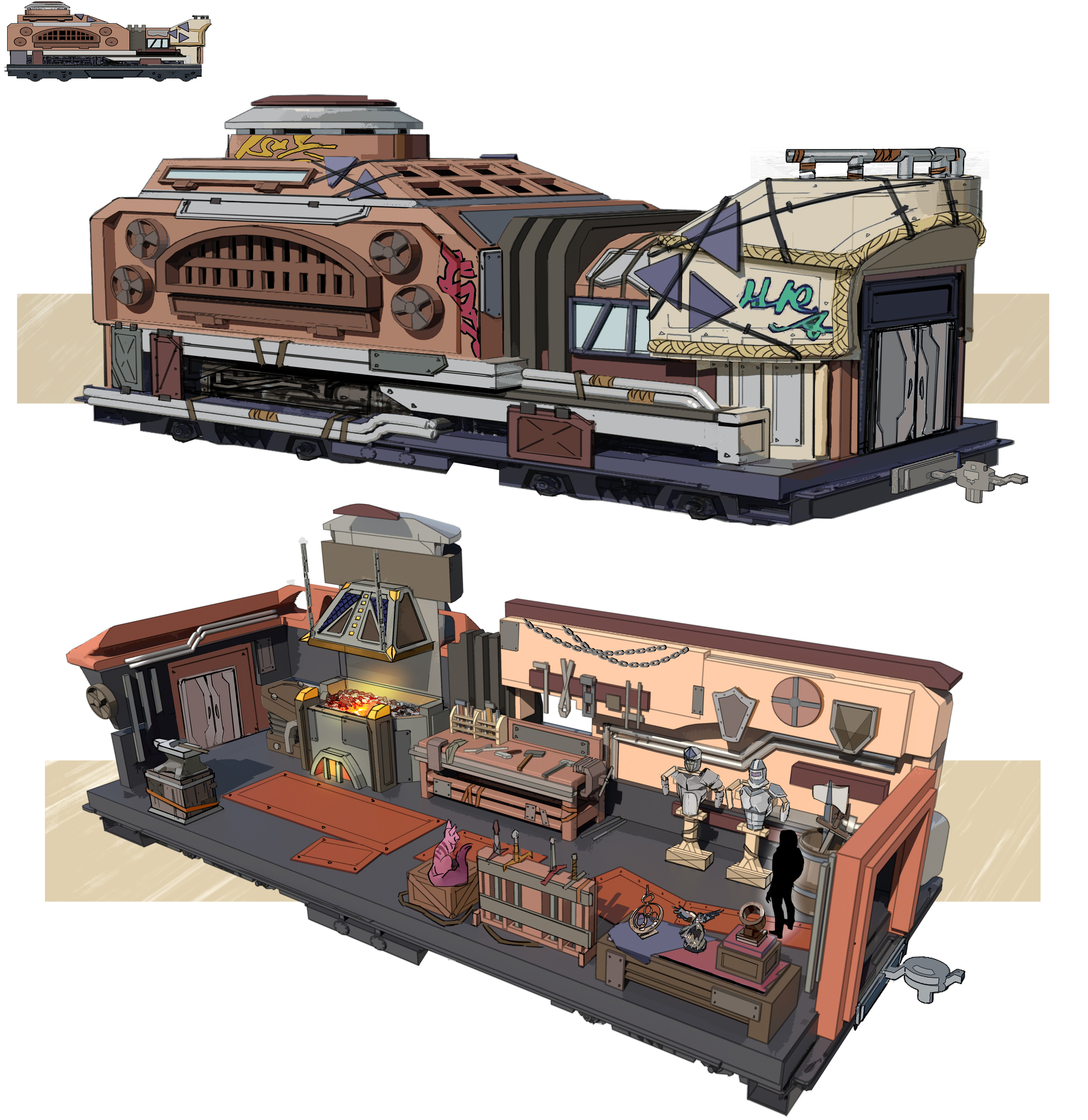 Belko's train car -- This is the weapons car, where master blacksmith Belko will forge powerful new blades, hammers, bows and more.