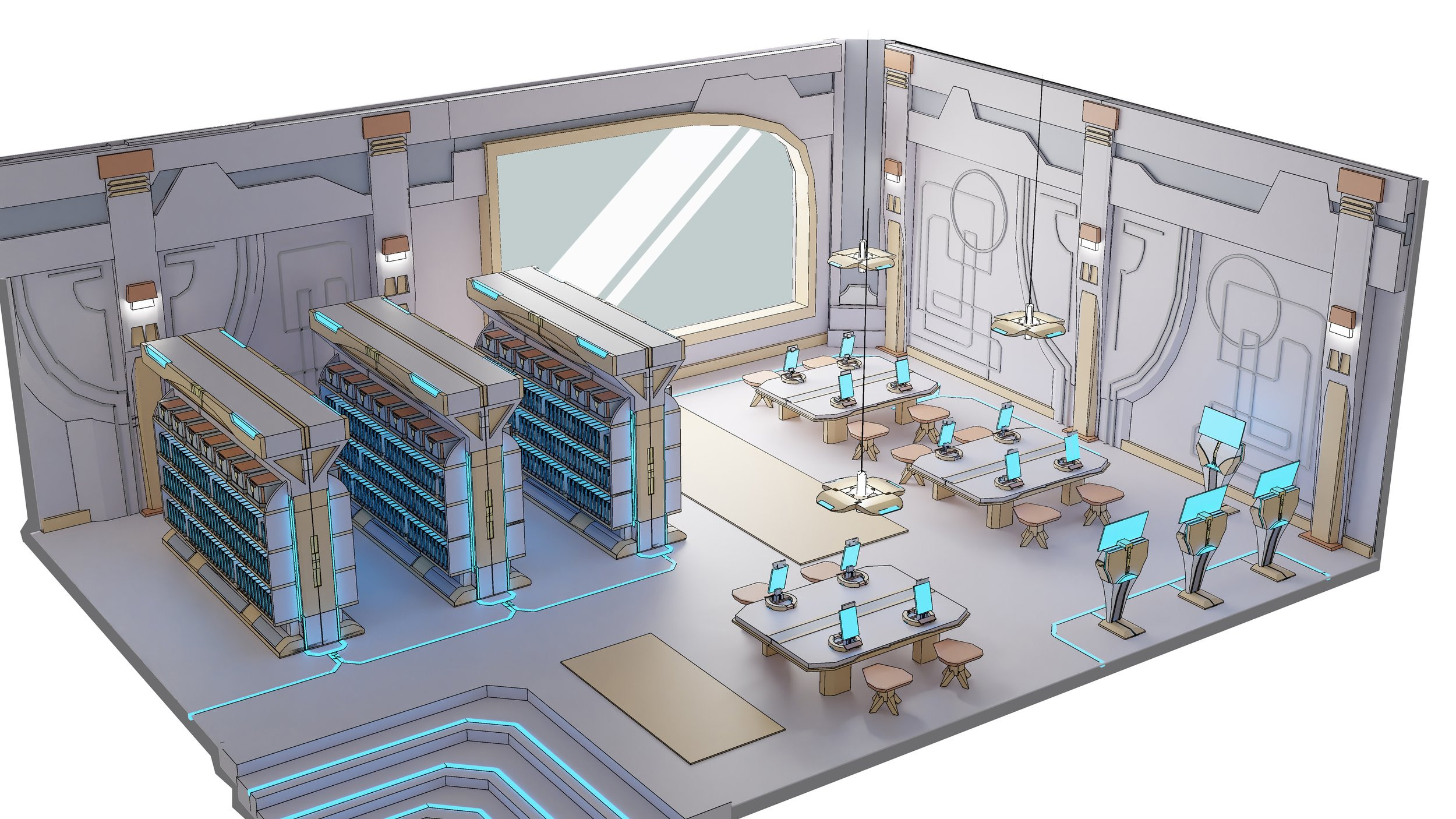 UEF Library -- the United Earth Federation built a Utopian society before the Collapse. This library is representative of the sleek and futuristic look of UEF design.