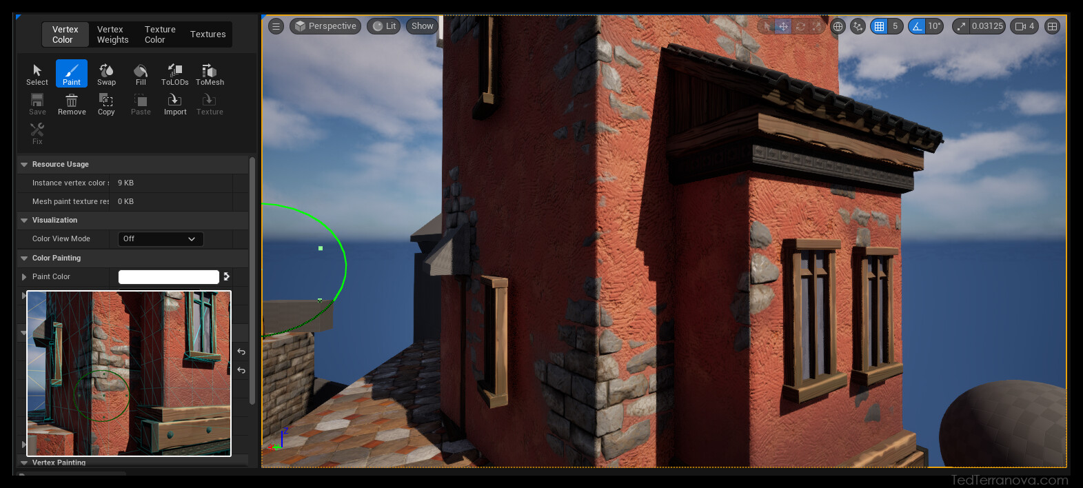 This material allows the stucco to be vertex painted away using the height map of the stone bricks. There's also an overall gradient that can be adjusted to fit the mesh through it's absolute world position.