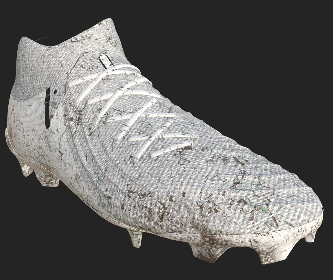 Details of the shoes texturing work showing the mud and grass, as well as the normals and seamless mapping.