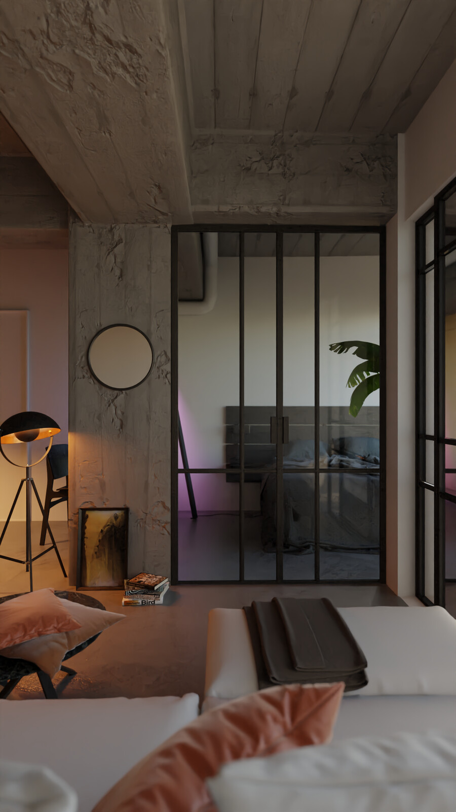 The main view from the couch towards the bedroom. I chose to go with completely open doors and floor to ceiling windows to maximise the light that can enter the house, since the sun is scarce in a north facing home.