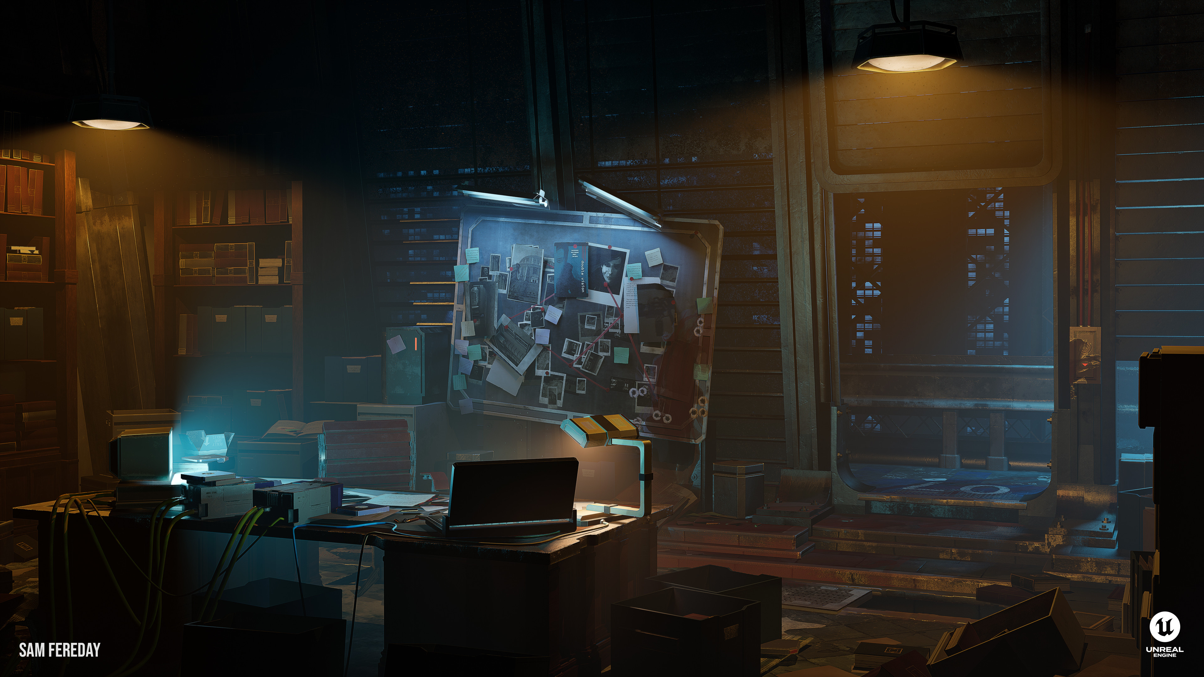 A view of the active lights used, with quite a generous amount of fog. Volumetrics were an interesting challenge, some situations called for a modification to the fog's settings to increase its voxel resolution.