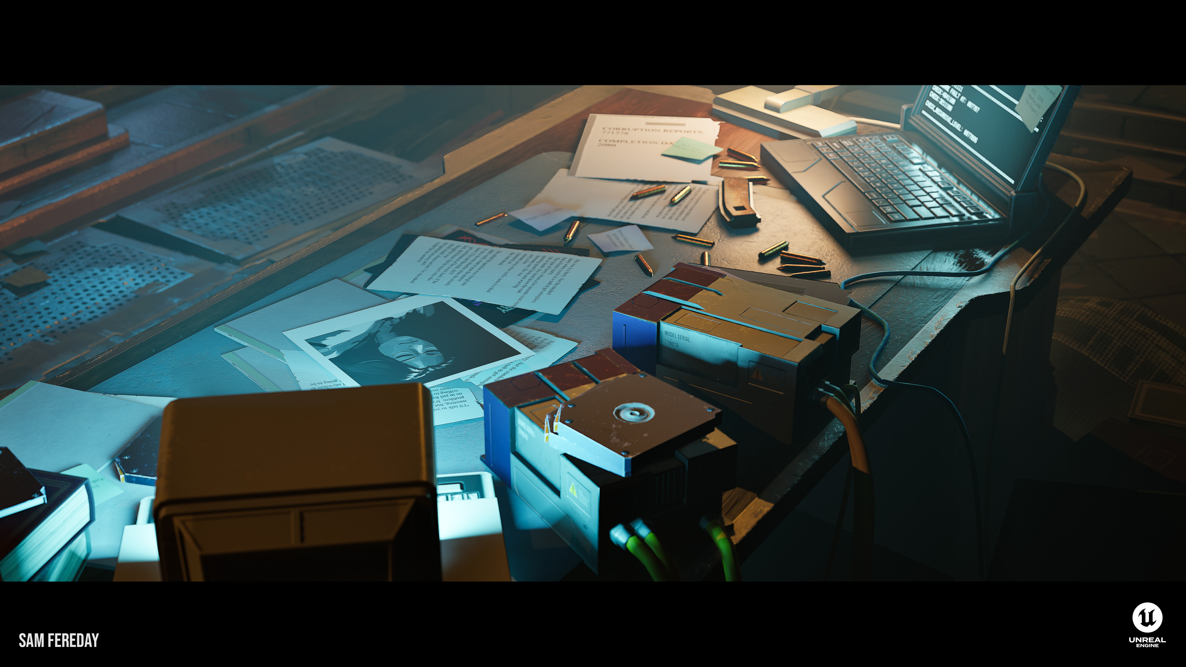 A closer view of the main area in the scene: the desk. The props here not only form part of the larger story, but allow for the construction of focal points and composition.