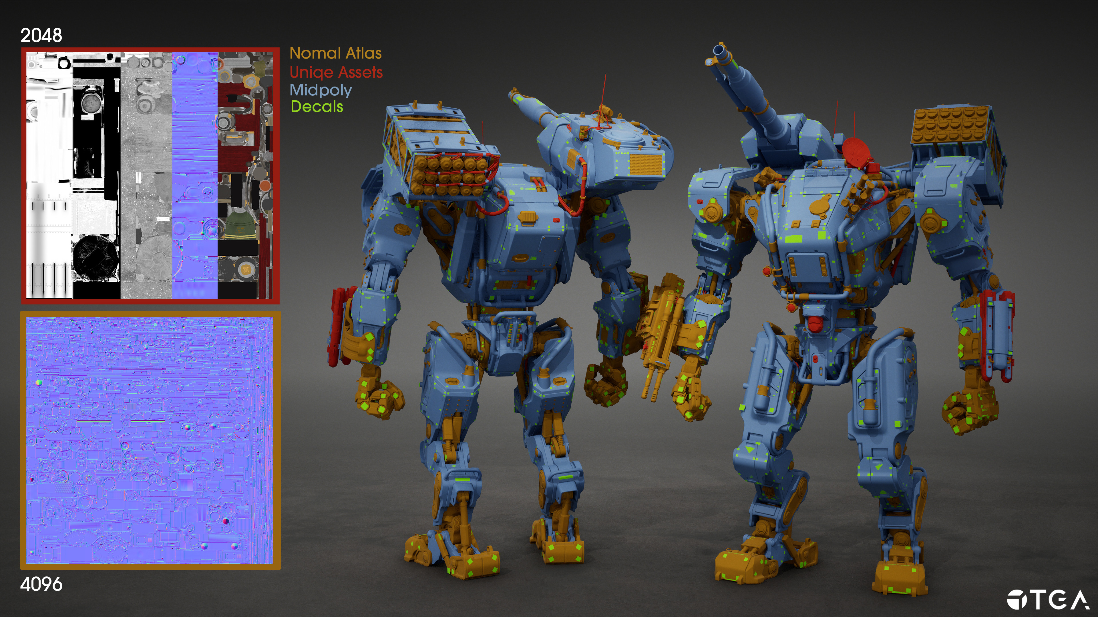 For the baked parts, I stacked all UVs possible and used one 4K normal atlas, across the model. Some unique assets were also textured separately on a 2k texture set.