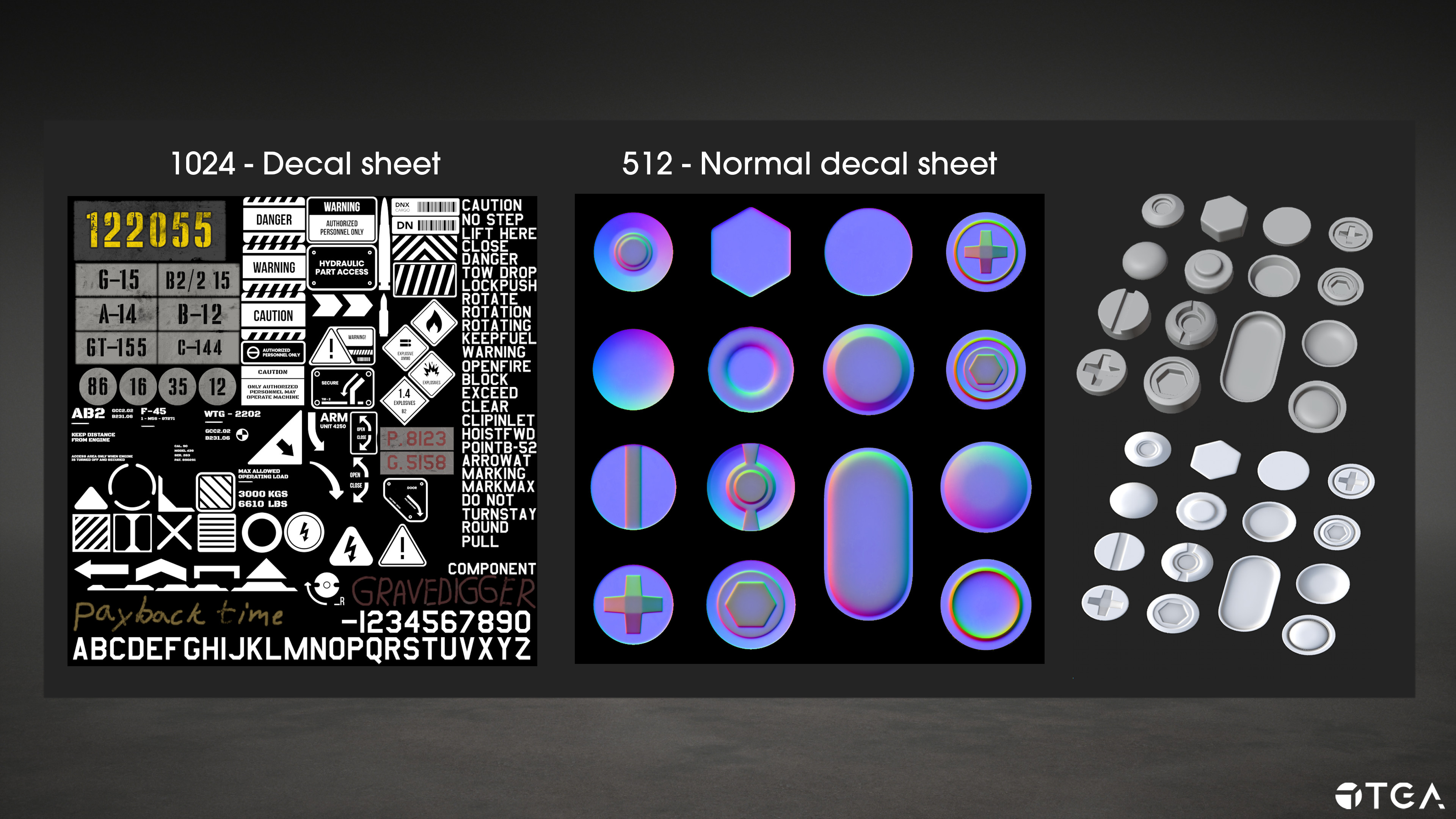 I created two decal sheets: a 512 texture with bolts and screws baked from high-poly meshes onto a plane, and a 1024 texture with details made in Substance Painter. Everything was then uvmapped to floaters and place on the model. Alphas not by me.