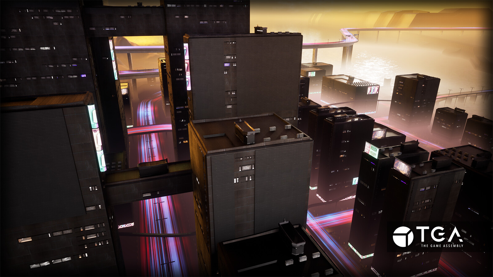 The finished scene with the interior mapping shader used for the windows.