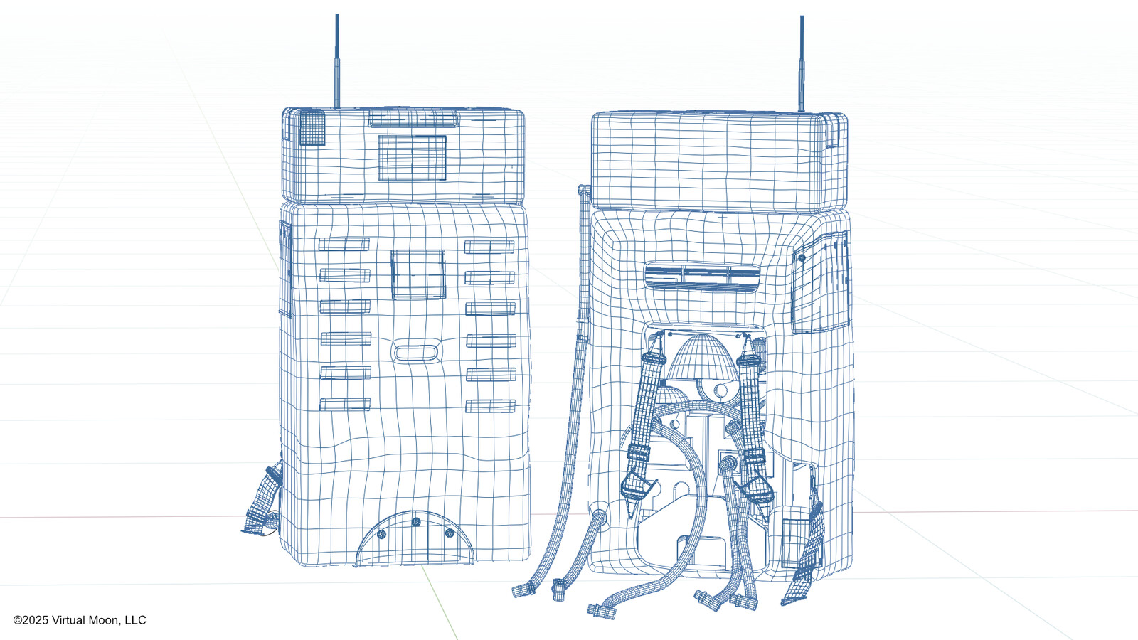 Models and renders of the Portable Life Support System (PLSS) packs used on Apollo 11. Wireframe view.