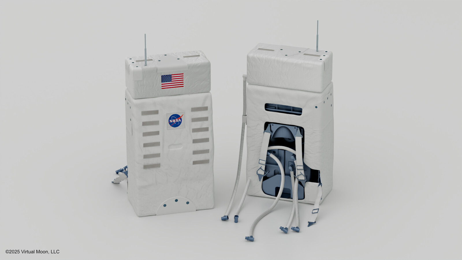 Models and renders of the Portable Life Support System (PLSS) packs used on Apollo 11. Front and back views.