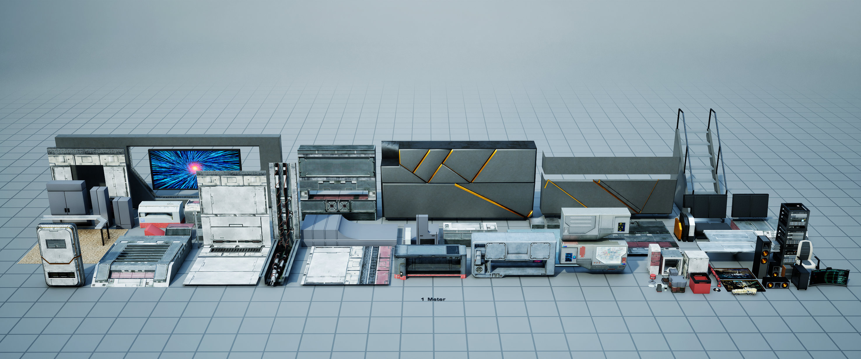 Unique structure and prop assets used to create the environment.