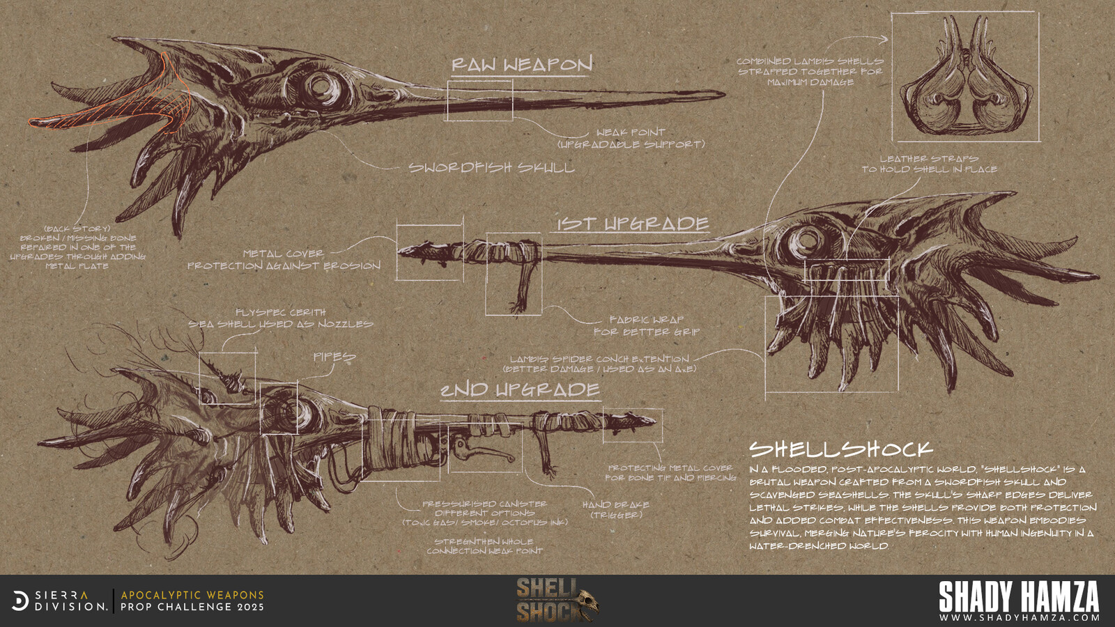 The weapon, “ShellShock” is a brutal, hand-crafted artifact of this new world. Built from the skull of a swordfish and adorned with scavenged seashells, it blends nature’s resilience with human ingenuity.