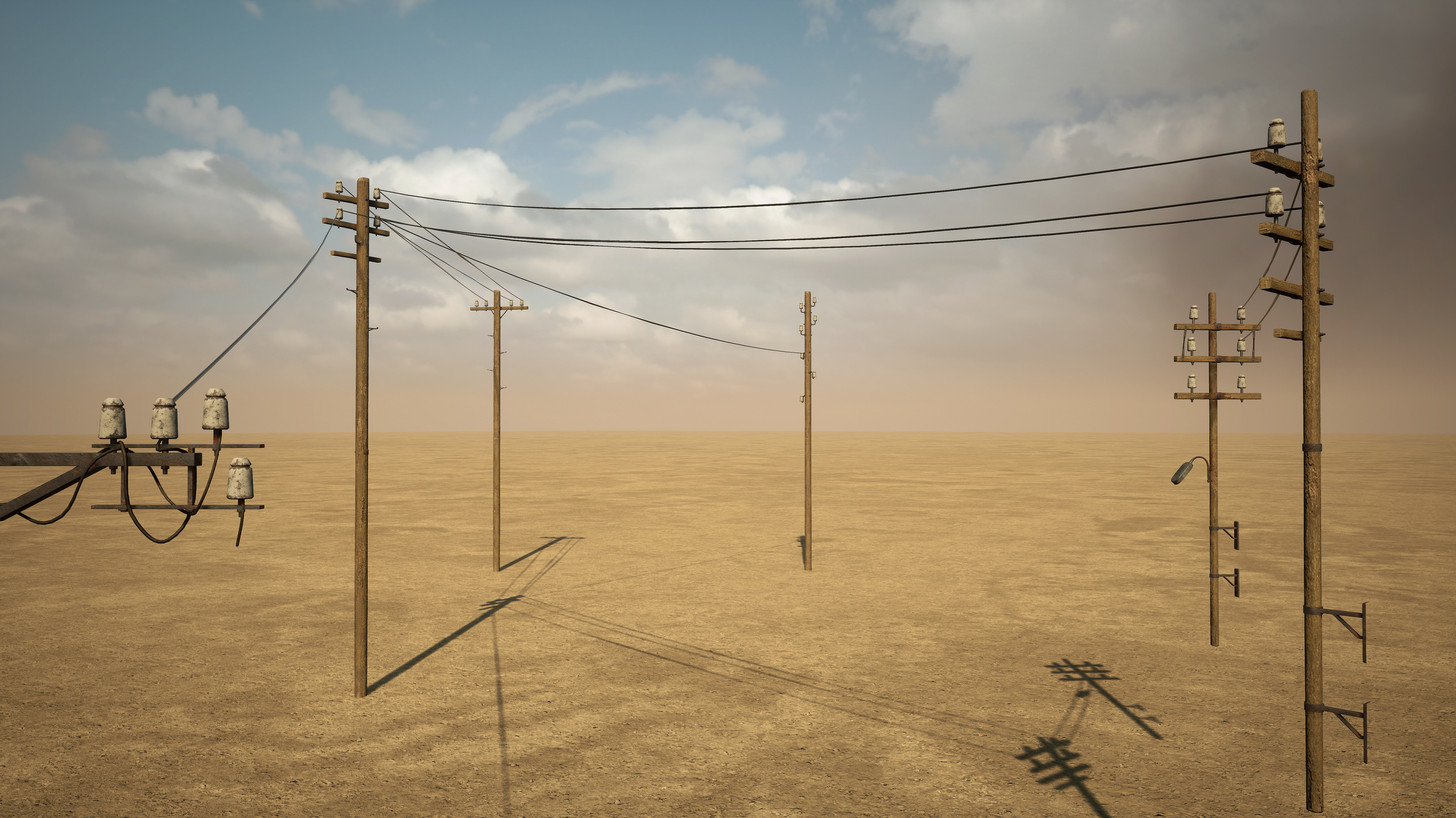 I created a new telegraph pole kit that allowed for more artistic control over wire connections and variation in how much the wires dipped without relying on expensive physics simulations. 