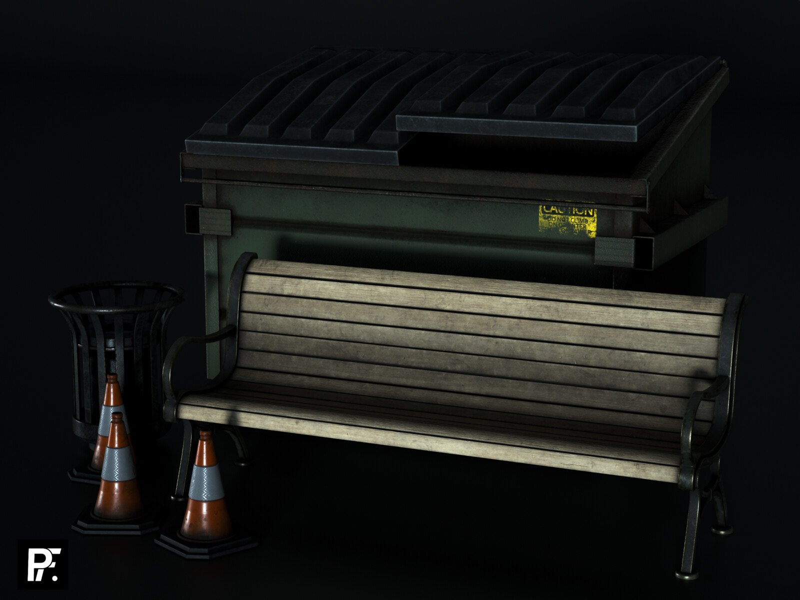 Collection of props made for the scene, made in blender and textured in Substance.