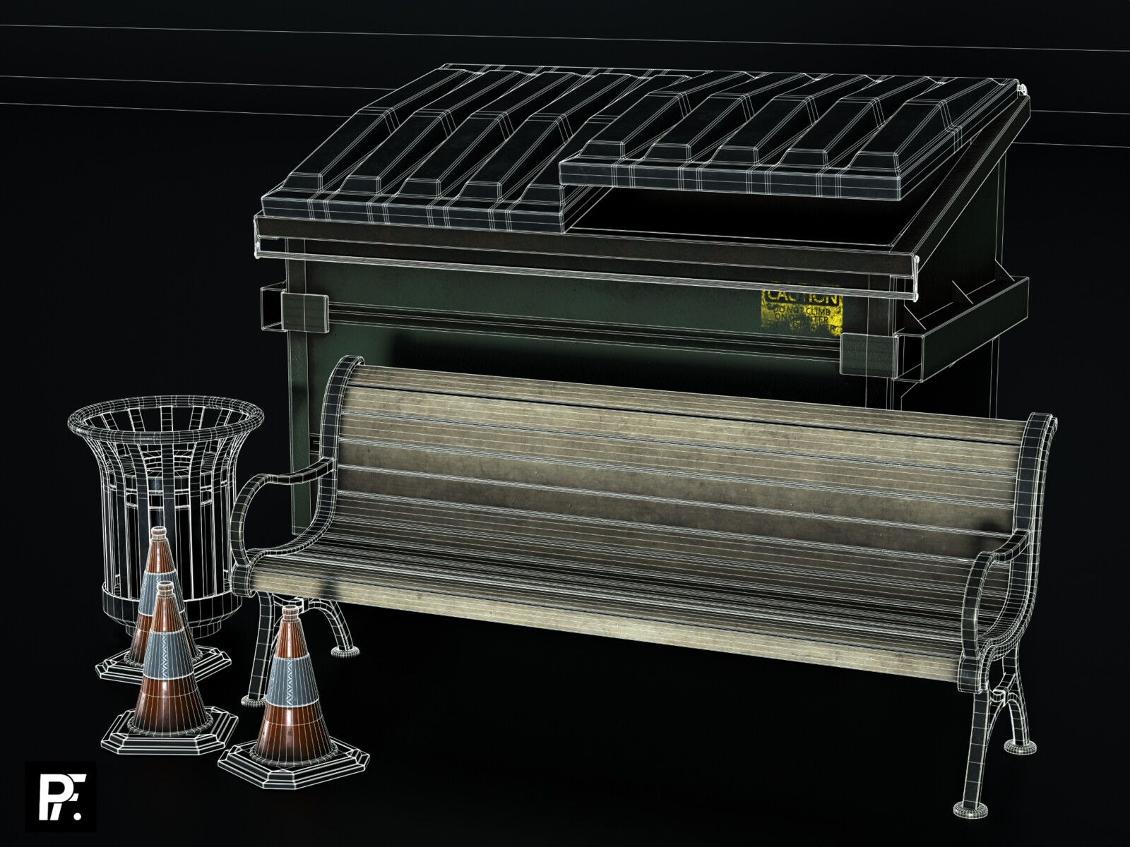 Collection of props made for the scene, with added wireframe
