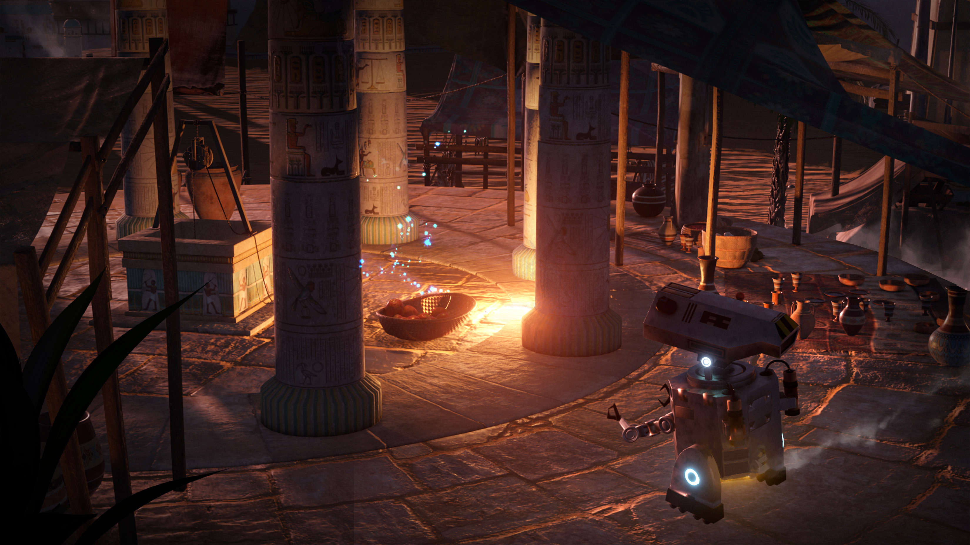 The robot is venturing off into the center of the marketplace to get some fruit for the long journey ahead.