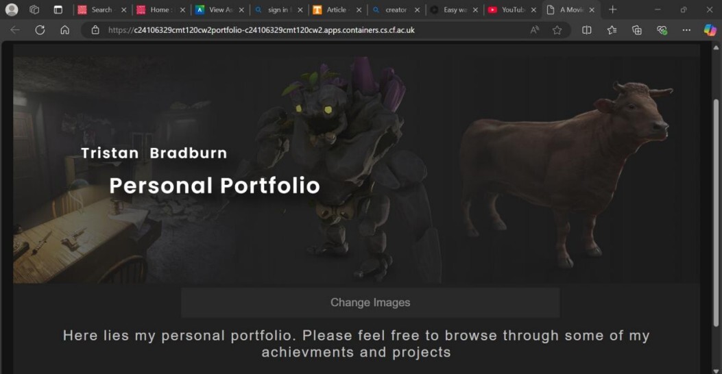 Home Page: Demonstrates a cycle of the main projects in the portfolio. Clicking the "Change Images" button to cycle as and when you want.