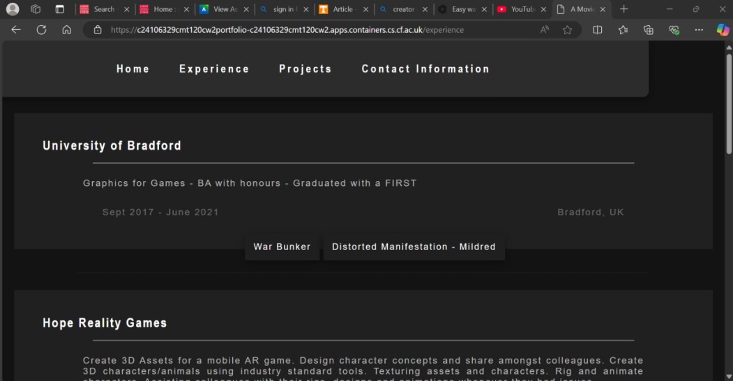 Experience Page: Dynamically displays experience information and links to associated projects created during that time-frame/company.