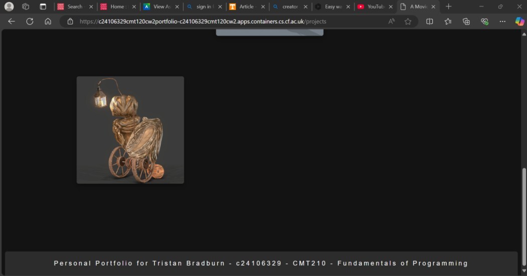 Projects Page: This dynamically displayed image content and associates them with links to each project. Demonstrates some good use of CSS and styling elements.