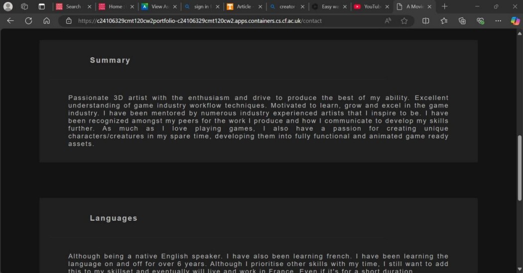 Contact Information Page: This just displays my contact information and under the languages tab, you can find two buttons that convert the contents of the page to an the associated language (Eng / French)