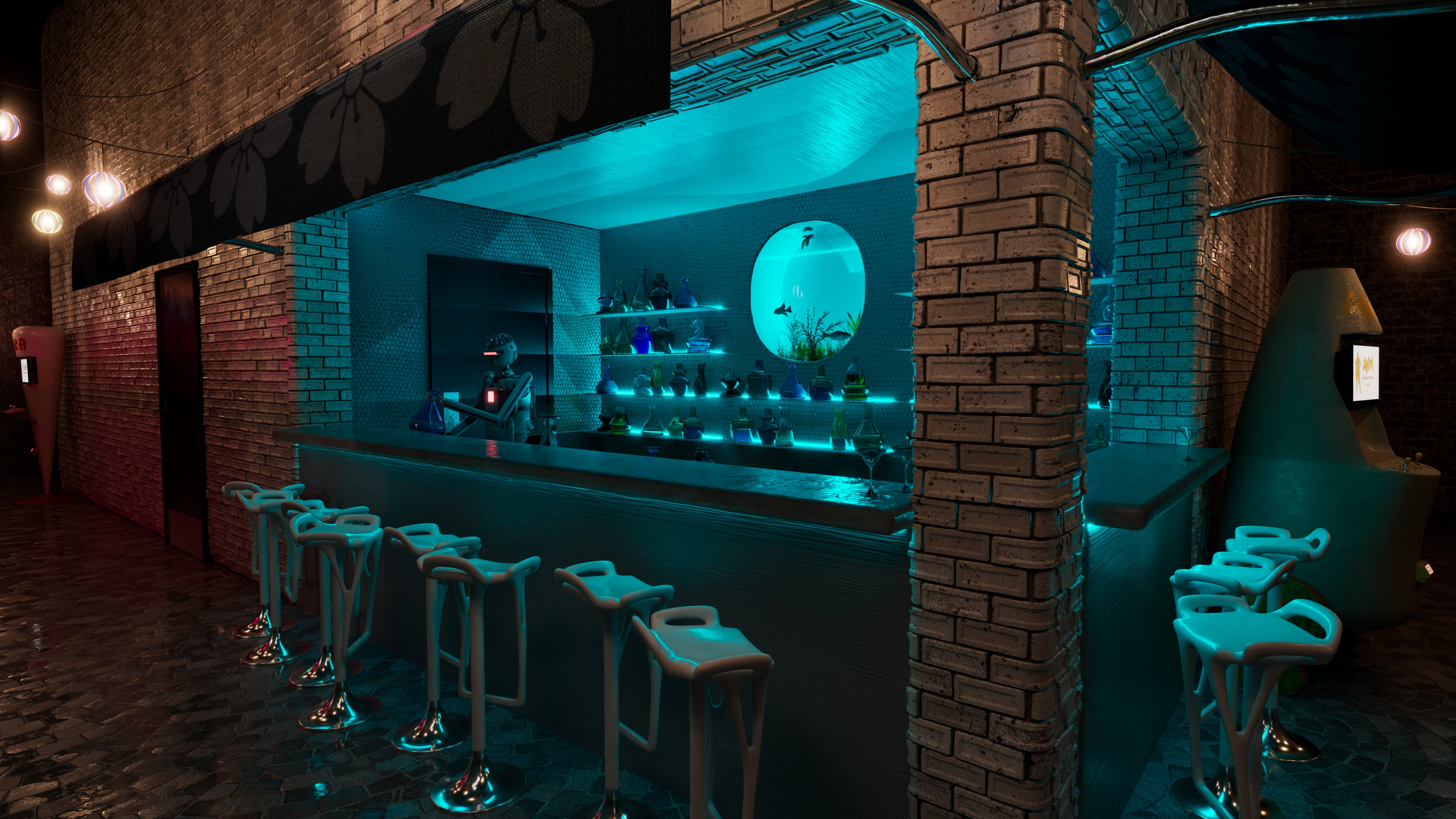 The "Sea Bar," with a diligently working bartending robot. Each bottle has a different liquid and liquid level. My favorite details are the robot's bottle's liquid is level with the bottle tilted, as well as the fish's reflection on the water's surface.