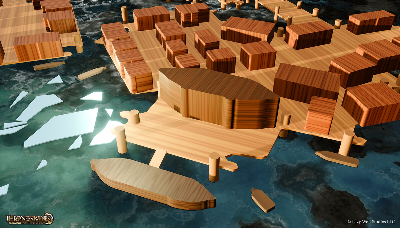2. 3D mockup in Blender based on the top down map, so it is all size-accurate! I extruded off of the top  down map and did procedural shading to give me the base for the wooden city buildings. I used Eevee engine to render with light and depth passes.
