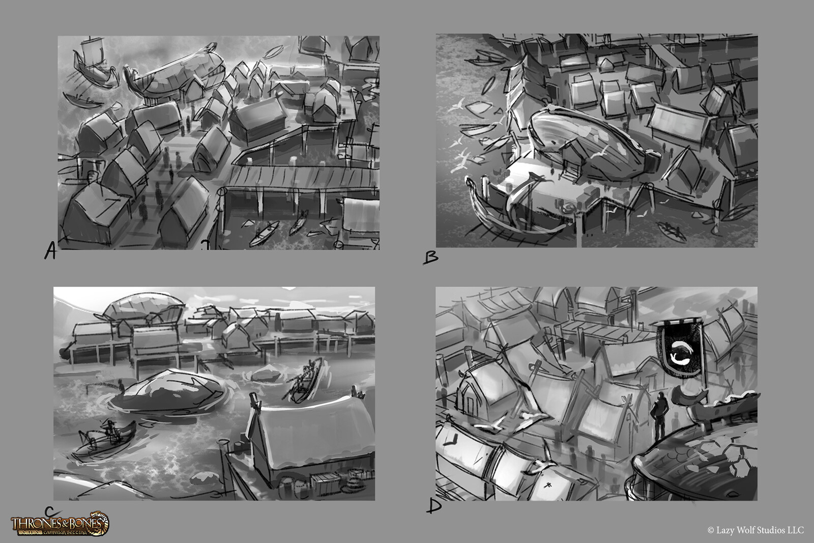 1. Initial thumbnail pass. I looked at the top down map for the adventure module and figured out some cool cam angles. I thought of mood, contrast, scale and main focus.