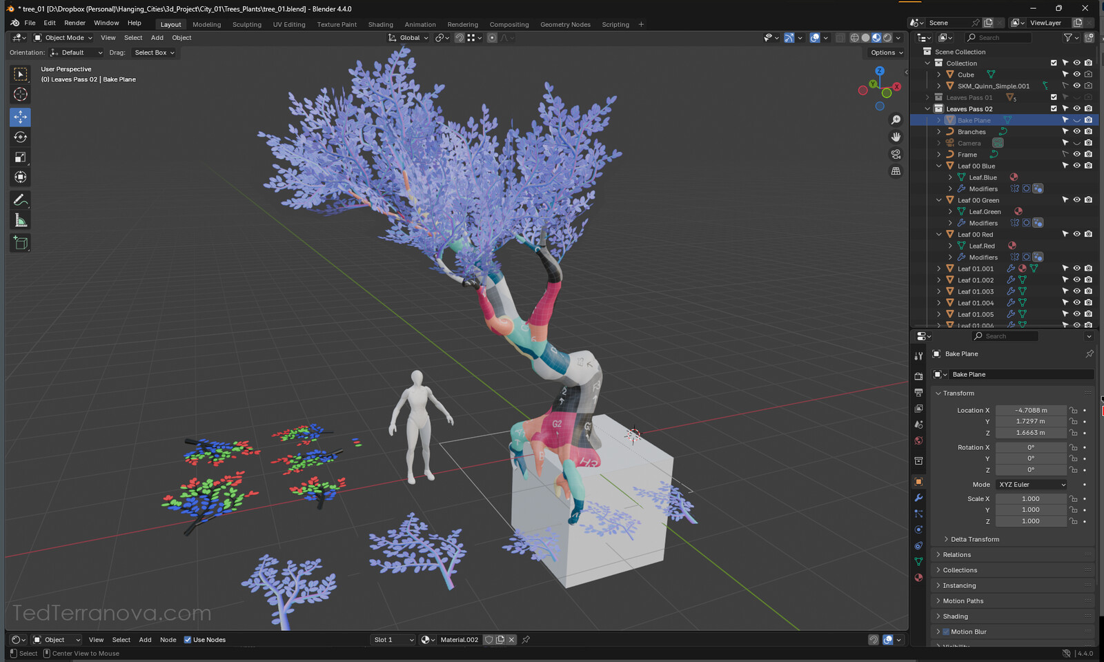 A shot of the tree setup in Blender. At first I was using vert color to drive the motion in Unreal but settled on something more flexible.