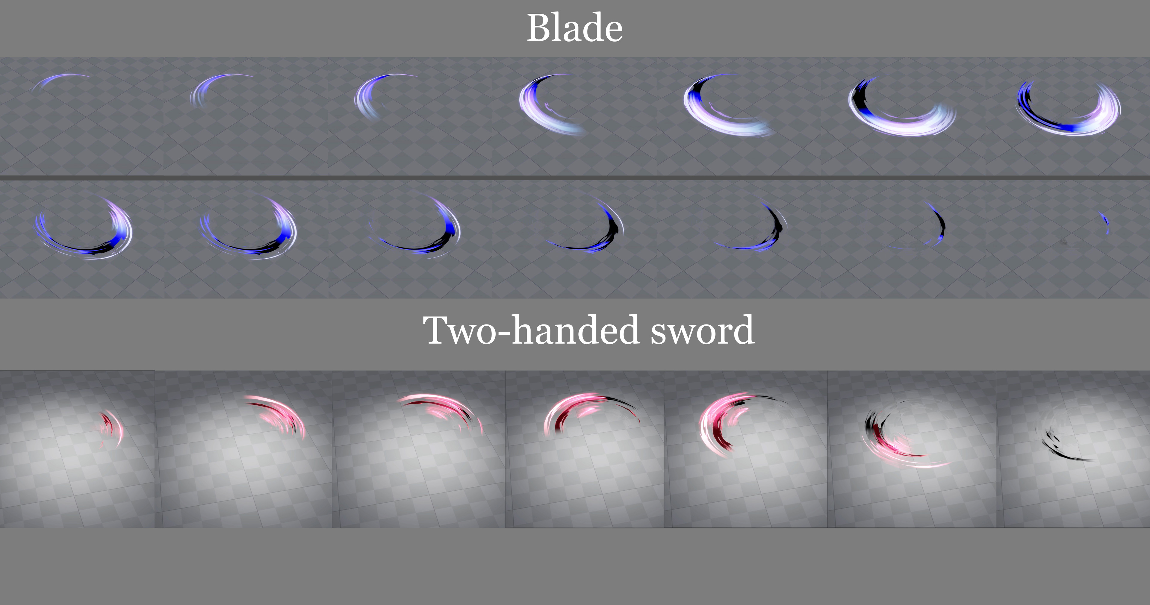 Attack phases: start, peak and dissolve. Both slashes are a combination of HLSL shaders. Two-handed sword is a powerful weapon and applies more visible refraction layer.