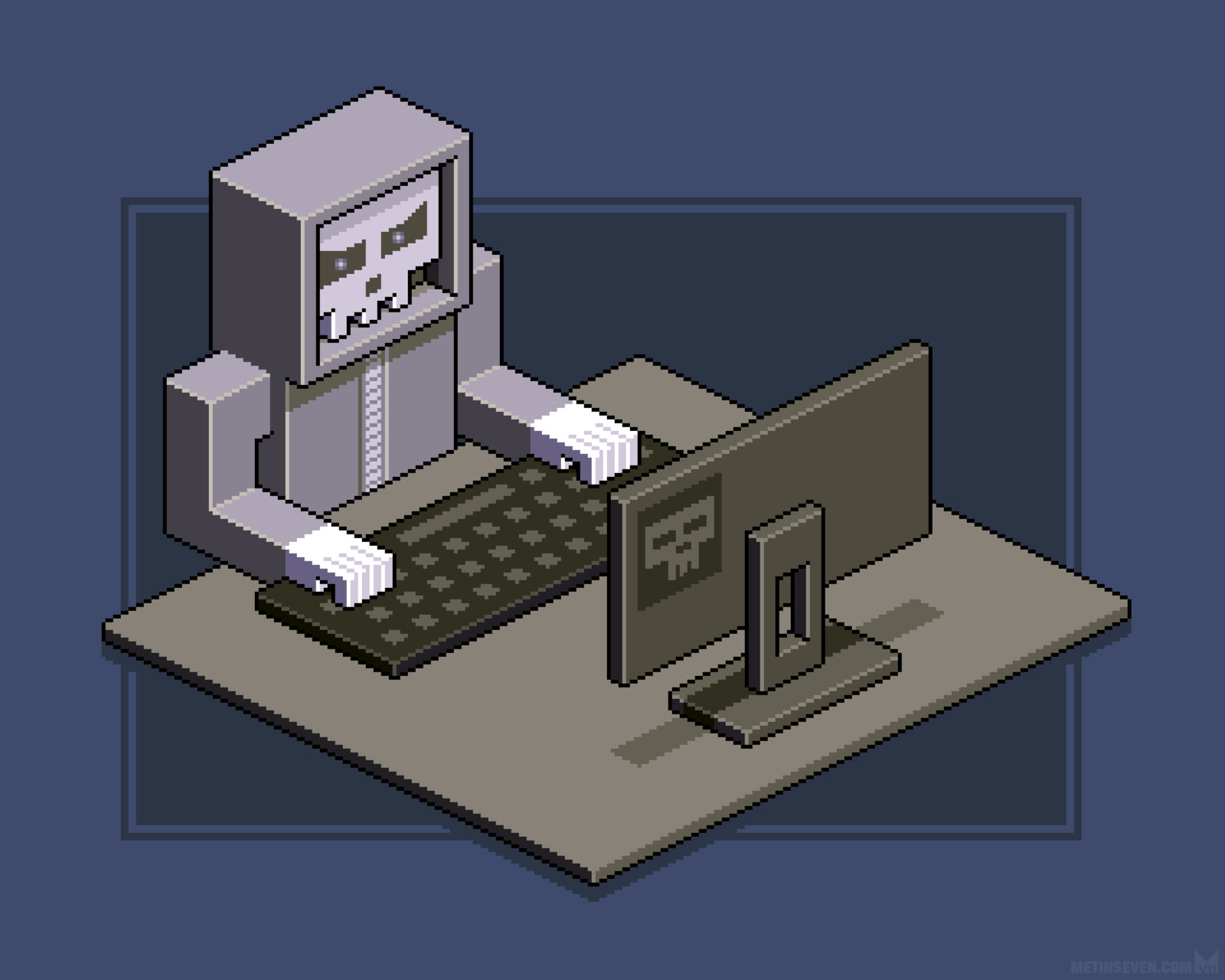 Black hat hacker, isometric pixel artwork