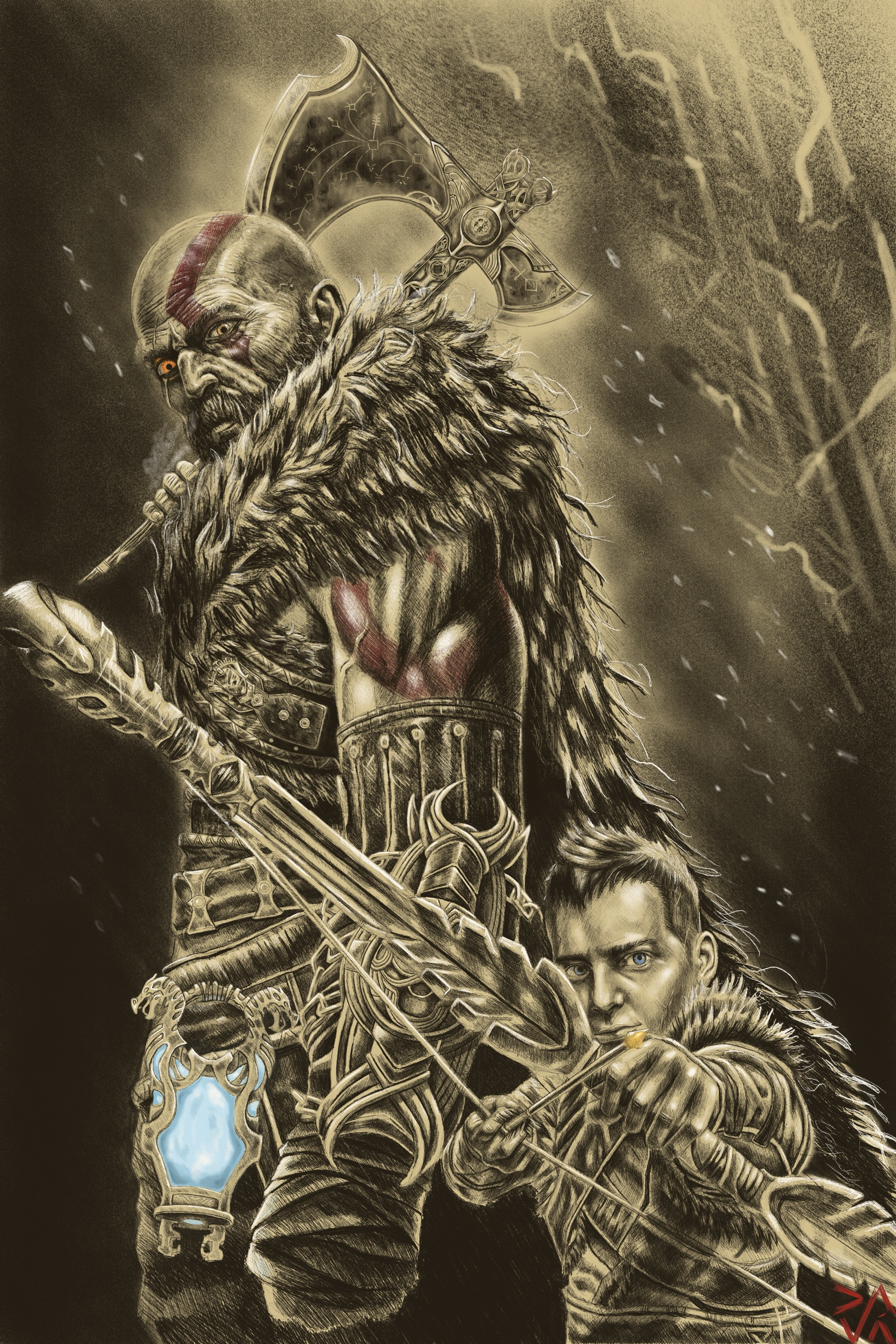 Father and Son. The Father bears the weight of his past. The son draws the bow toward his future.