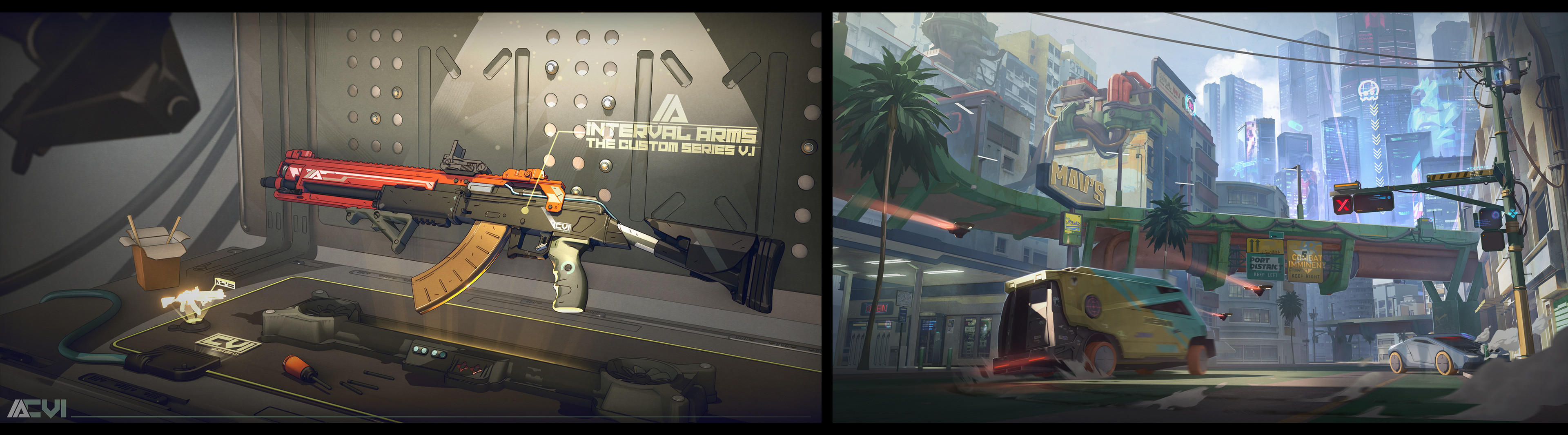 Left: Gun bench (original model credit to Lee Hinds). Right: More early key art of a transition from Port to 5 Stars.