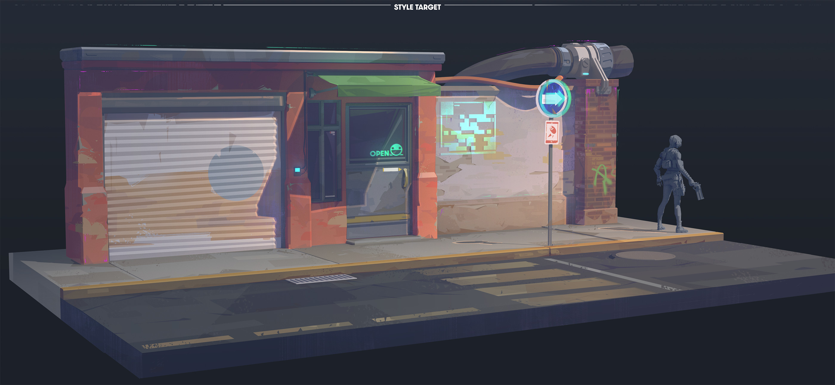 Early style test #1. There was originally a much more faceted approach which we ultimately felt clashed with the characters.
