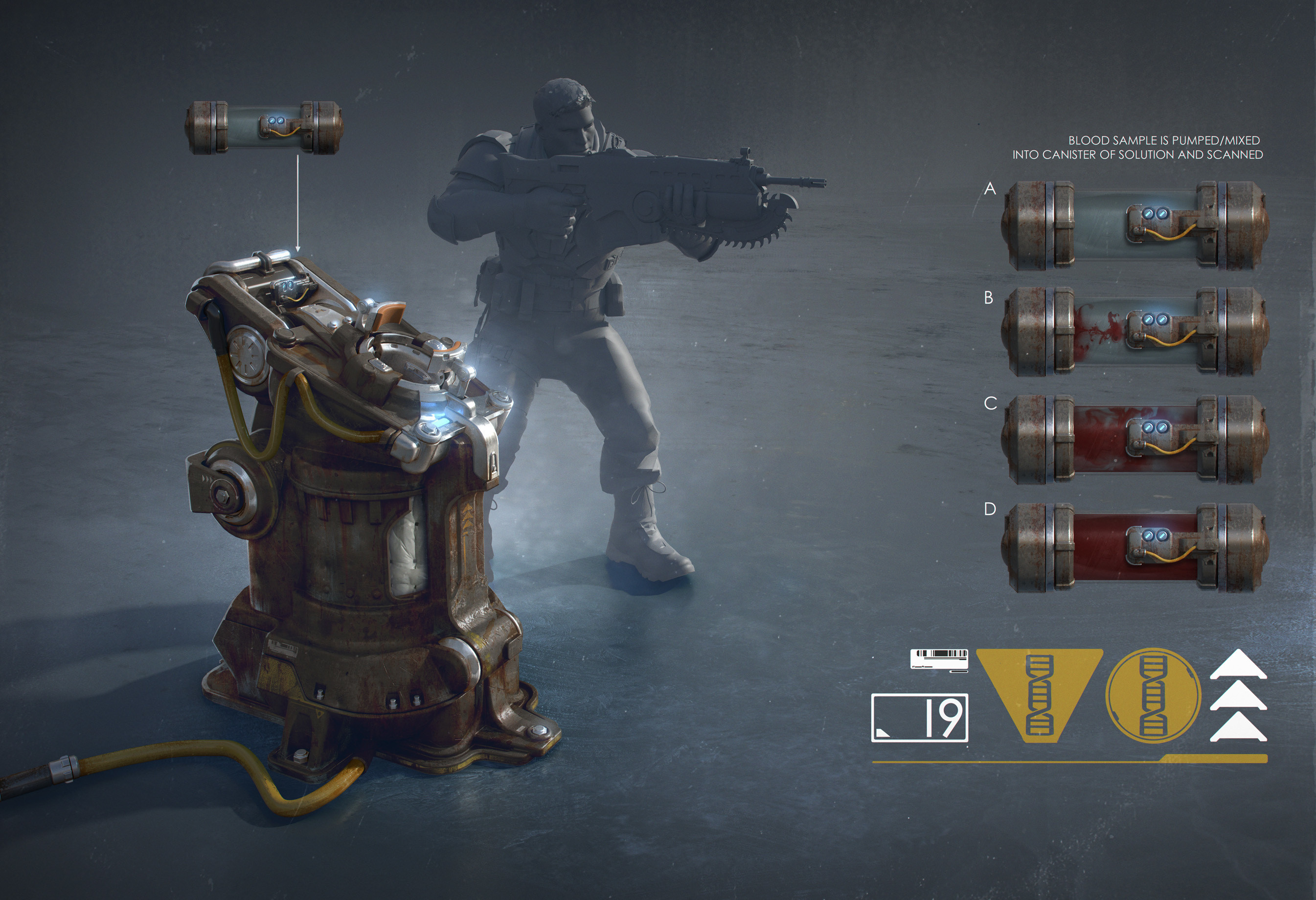 Gears 5 campaign hand scanner, including a diagram of the blood collection process.